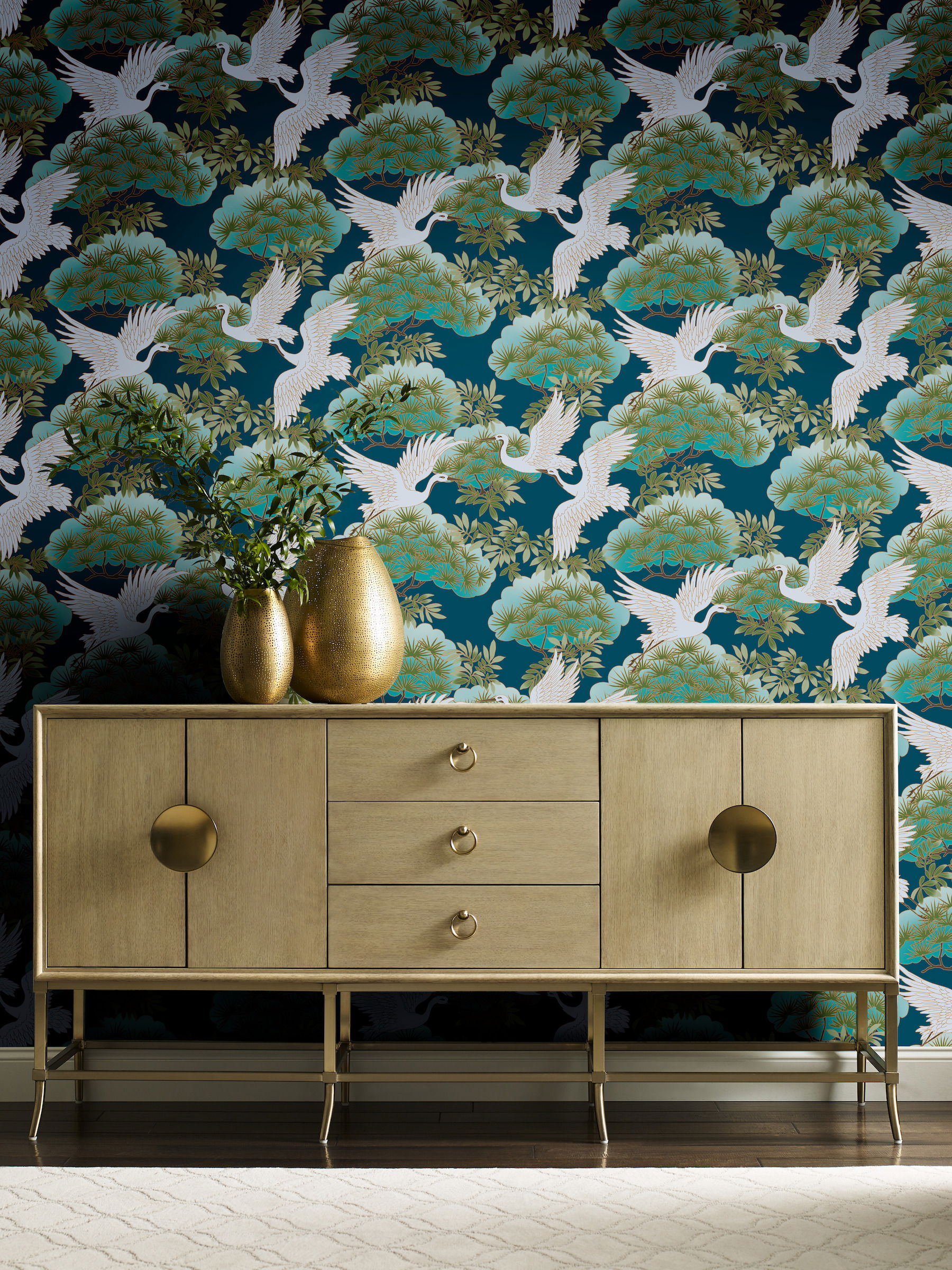Sprig & Heron Blue Wallpaper large image 