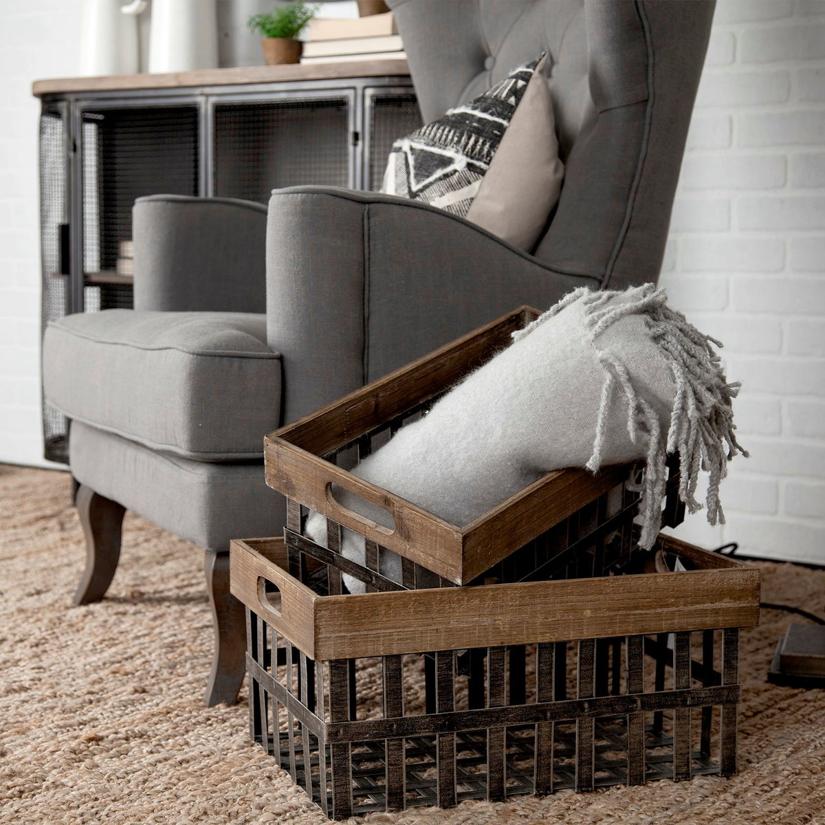 Chartrand Set of 2 Wood And Metal Open Crate Style Baskets, Bins & Basket by Mercana, 18.7" length x 12.6" width x 8.66" height View 3
