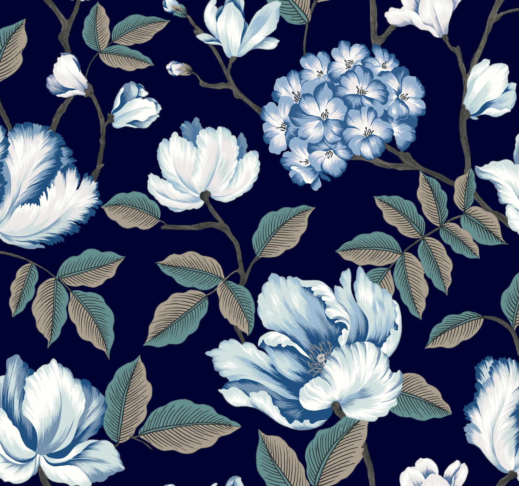 Morning Garden Navy Wallpaper, by York Wall, 27' length x 2'3" width x 0.02" depth View 1