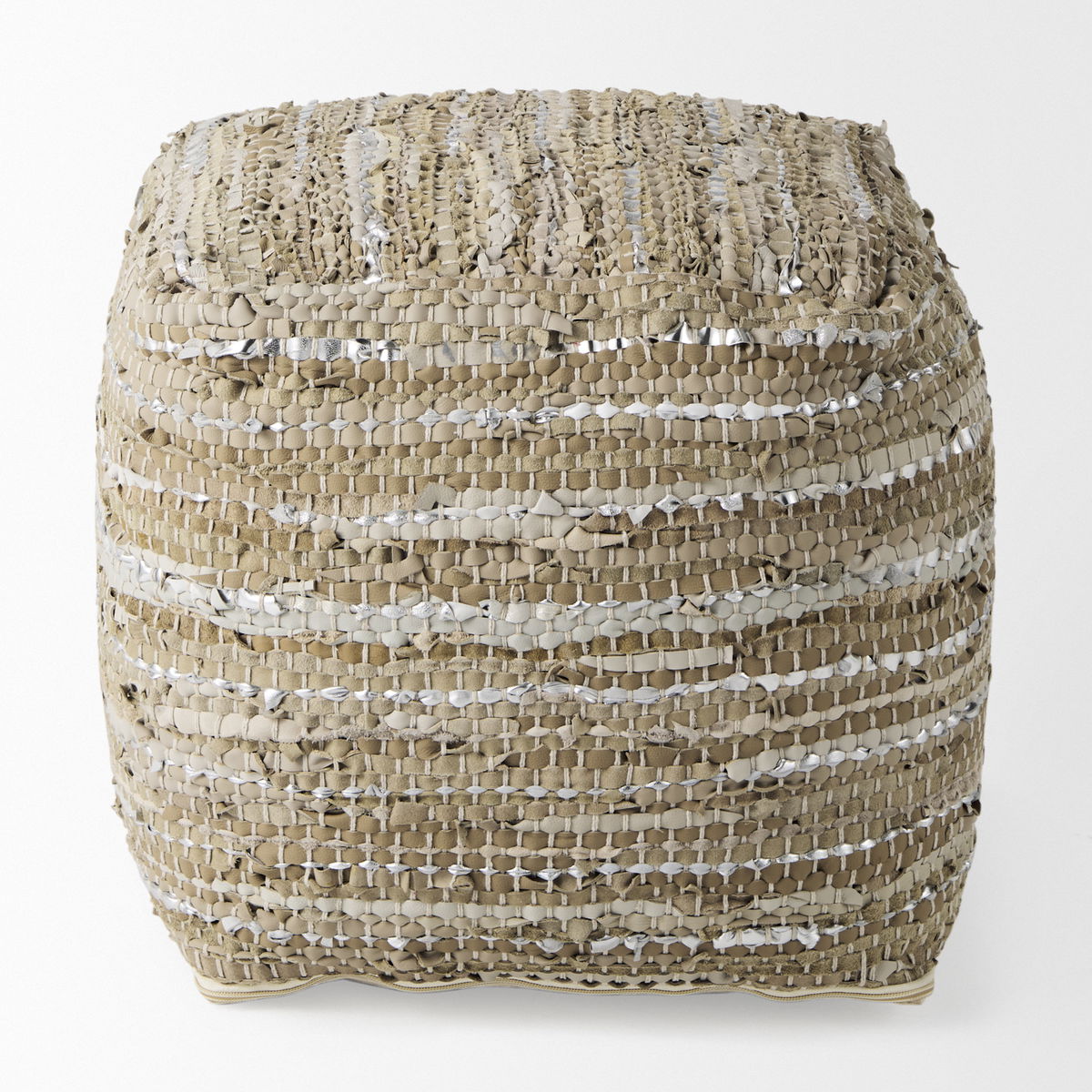 Aadhya  Taupe/Silver Leather and Cotton Pouf, Ottoman by Mercana, 16" length x 16" width x 16" height View 5