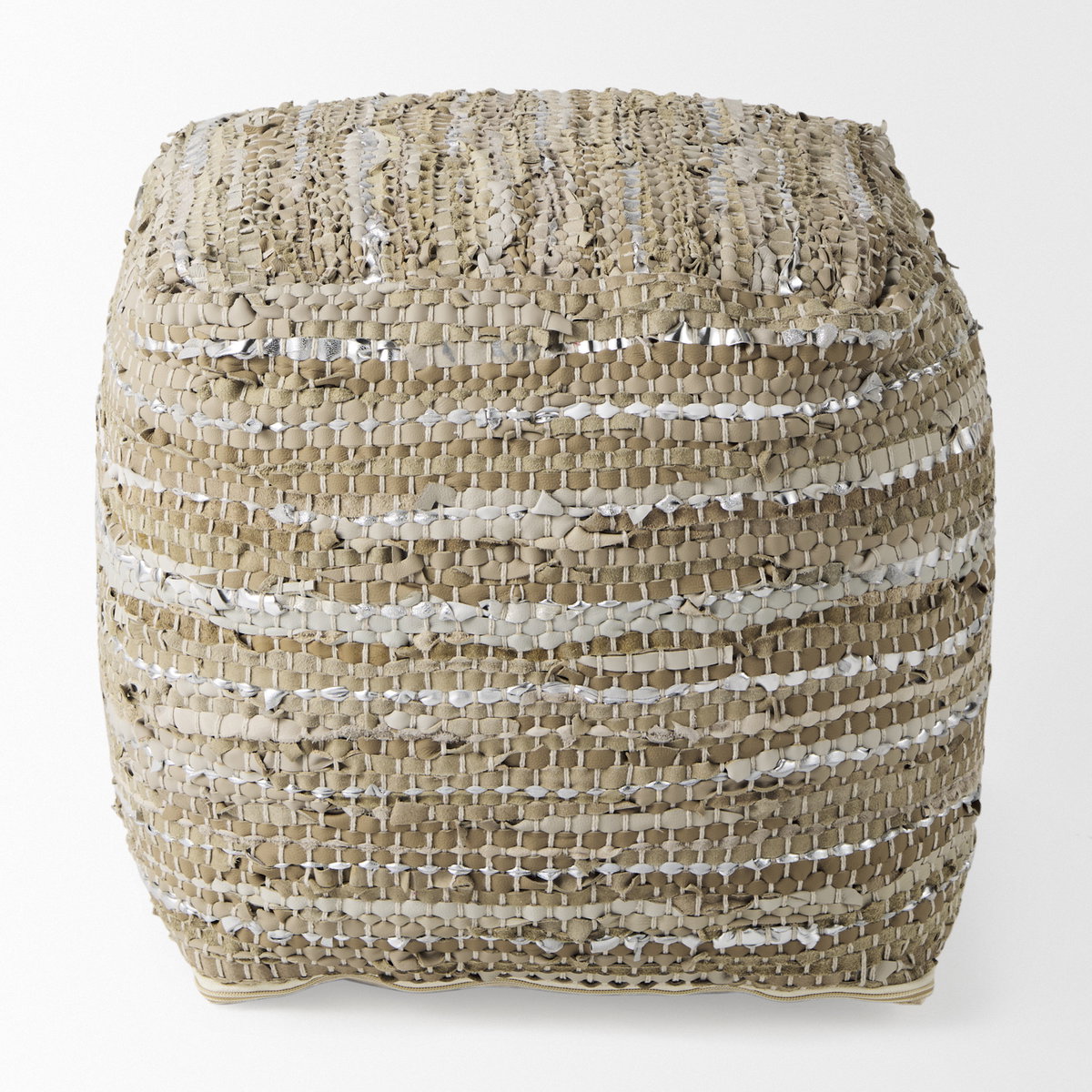 Aadhya  Taupe/Silver Leather and Cotton Pouf, Ottoman by Mercana, 16" length x 16" width x 16" height View 5