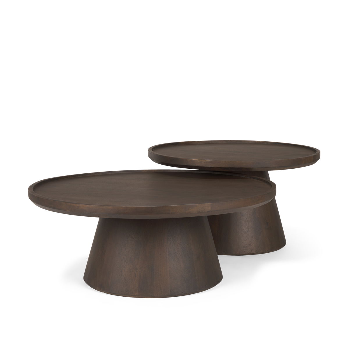 Takoda Dark Brown Wood Tapered Drum Nesting Coffee Tables, by Mercana, 36" length x 36" width x 14" height View 1