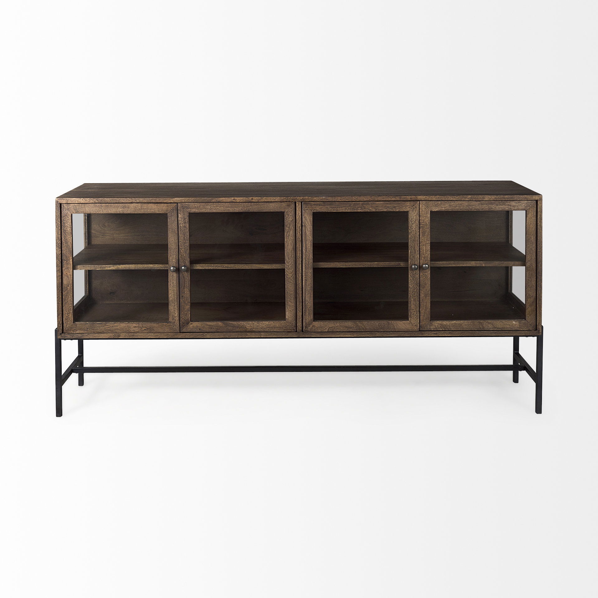 Arelius 70L x 18.75W x 32H Medium Brown, Black Metal Base with 4 Glass Door Cabinets Sideboard, Sideboards & Buffet by Mercana, 70" length x 18.75" width x 32" height View 5
