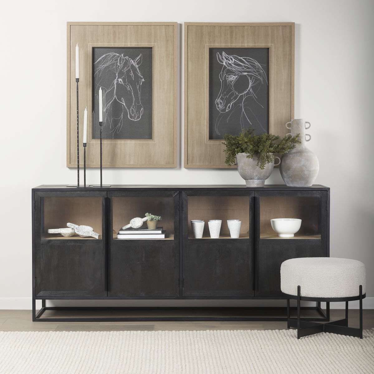 Sloan 80.0L x 17.0W x 36.0H Black Wood with Black Metal Frame Sideboard, Sideboards & Buffet by Mercana, 80" length x 18.75" width x 36.25" height View 2
