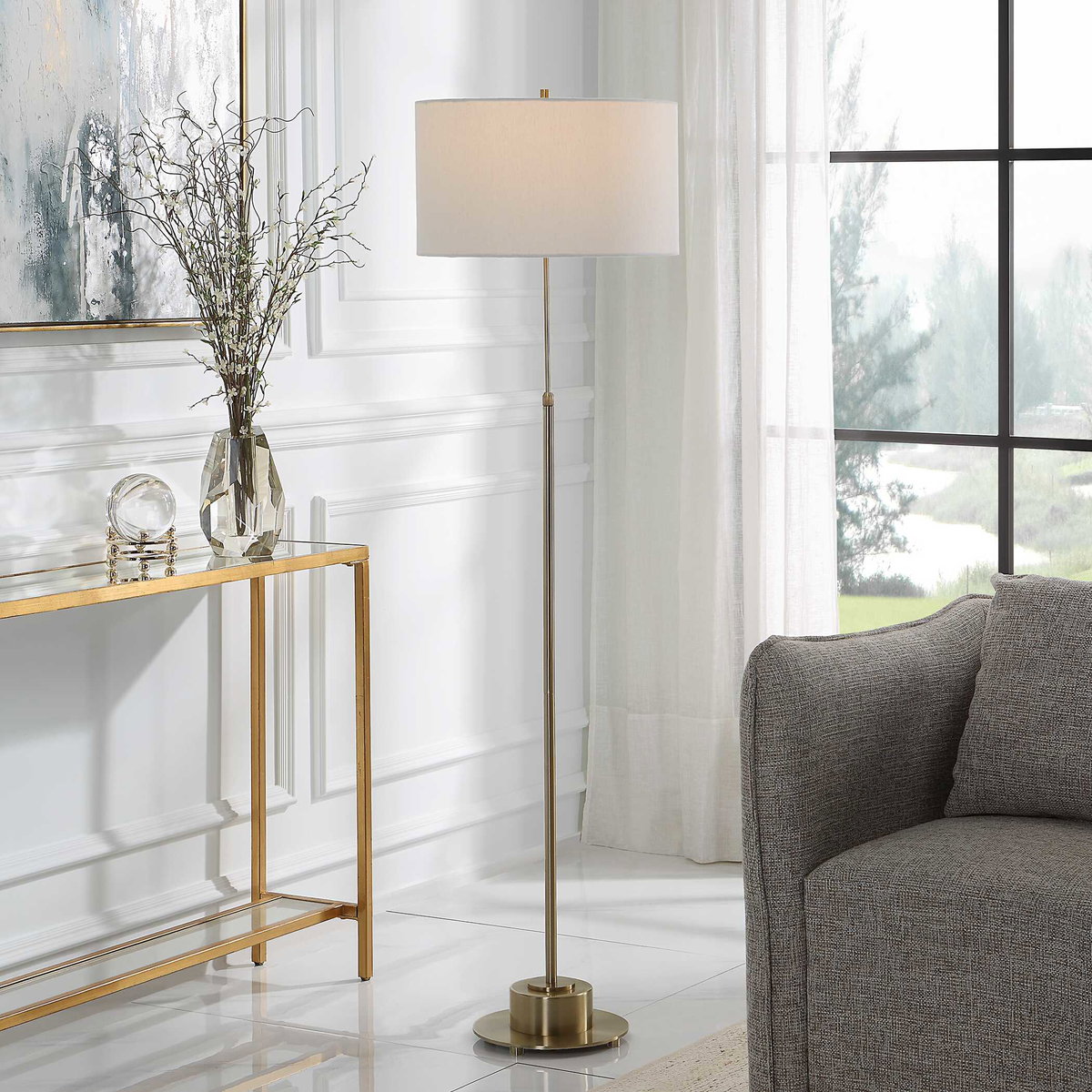 Prominence Brass Floor Lamp, by Uttermost, 17" width x 69.75" height x 17" depth View 2