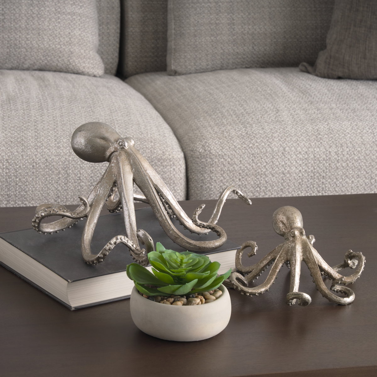 Strafford Medium 13L x 7W Silver Resin Octopus, Decorative Object by Mercana, 13" length x 7.09" width x 12.2" height View 3