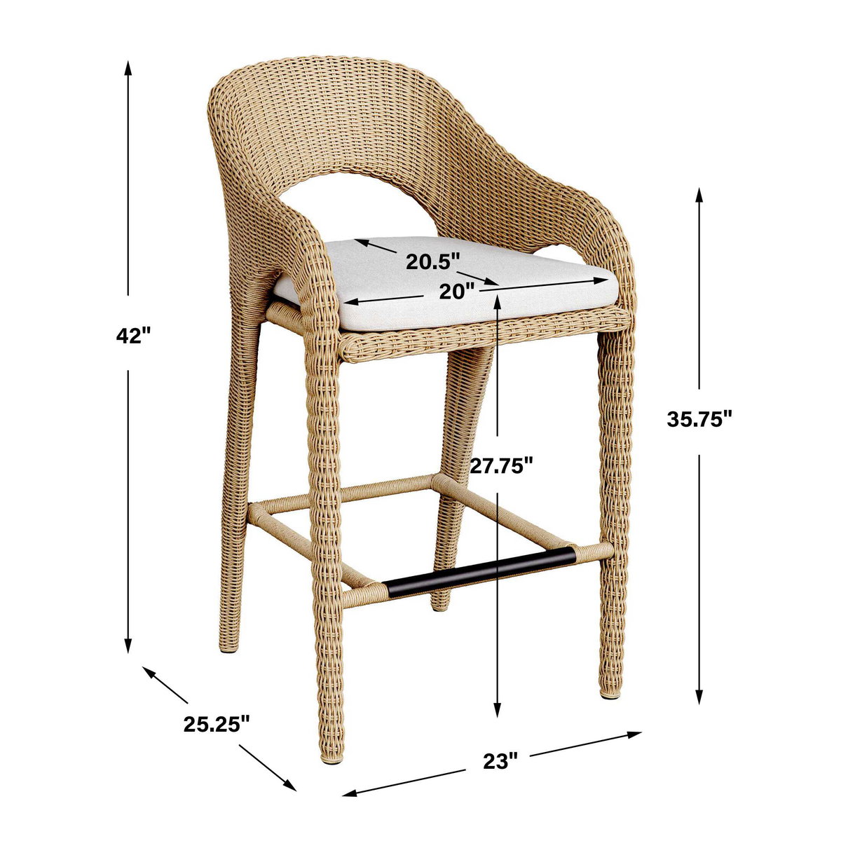 Kavali Outdoor Wicker Barstool, Outdoor Stool by Uttermost, 1'11" width x 3'6" height x 2'1.75" depth View 3