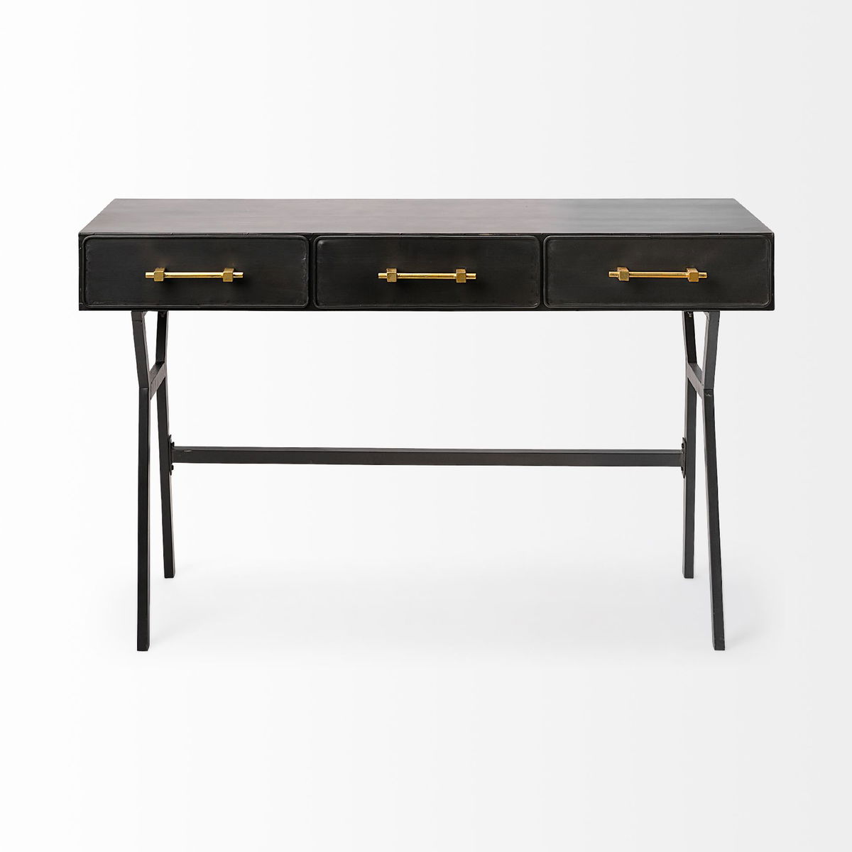 Vince 51L x 18W Black Metal with Gold Accents 3 Drawer Office Desk, by Mercana, 51.18" length x 18.31" width x 31.1" height View 4