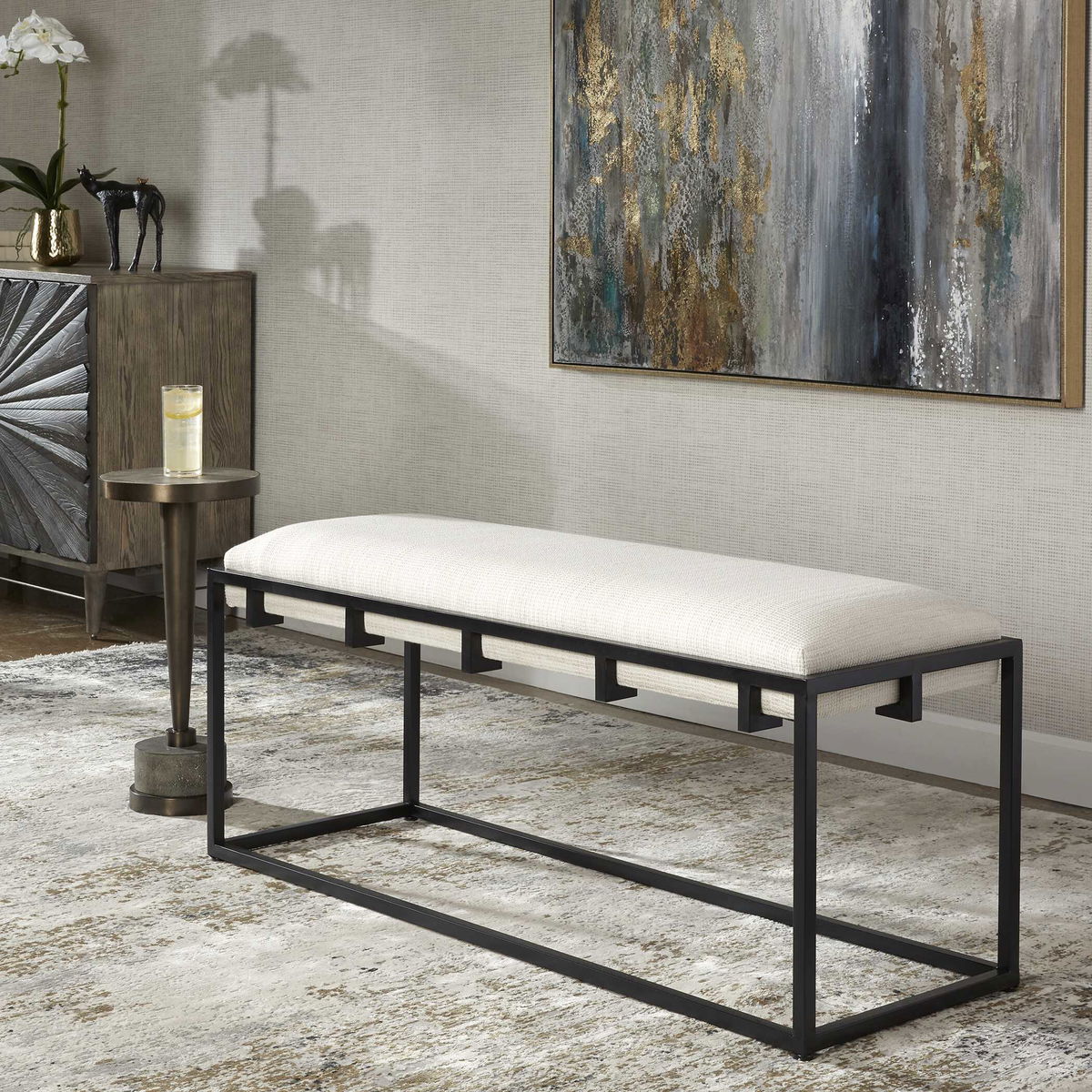 Paradox Iron & Fabric Bench, Benche by Uttermost, 47" width x 20.75" height x 16" depth View 4