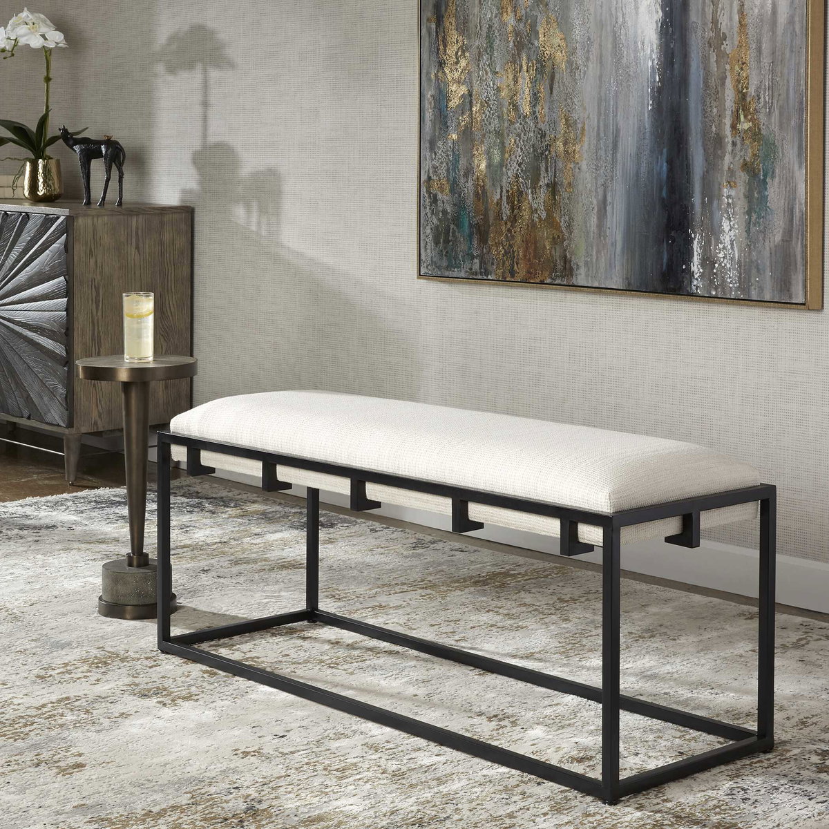 Paradox Iron & Fabric Bench, Benche by Uttermost, 47" width x 20.75" height x 16" depth View 4