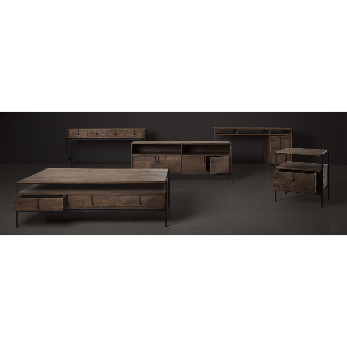 Glenn VII 56L x 22W Dark Brown Wood with Black Iron Frame, 3 Drawer Office Desk, by Mercana, 55.5" length x 22" width x 31" height View 3