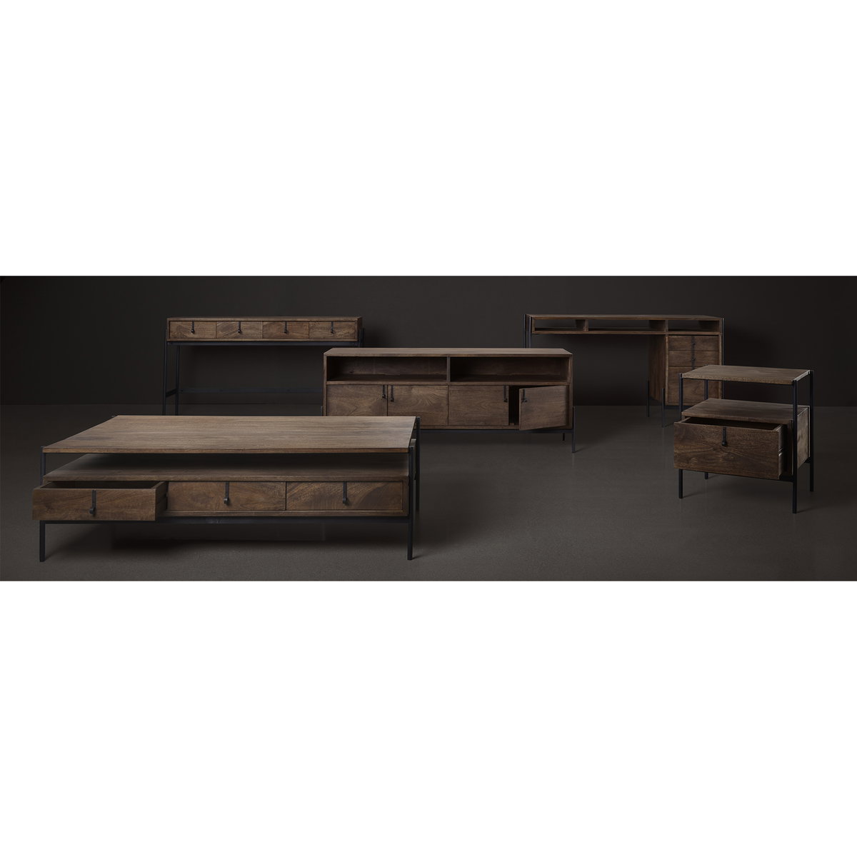Glenn VII 56L x 22W Dark Brown Wood with Black Iron Frame, 3 Drawer Office Desk, by Mercana, 55.5" length x 22" width x 31" height View 3