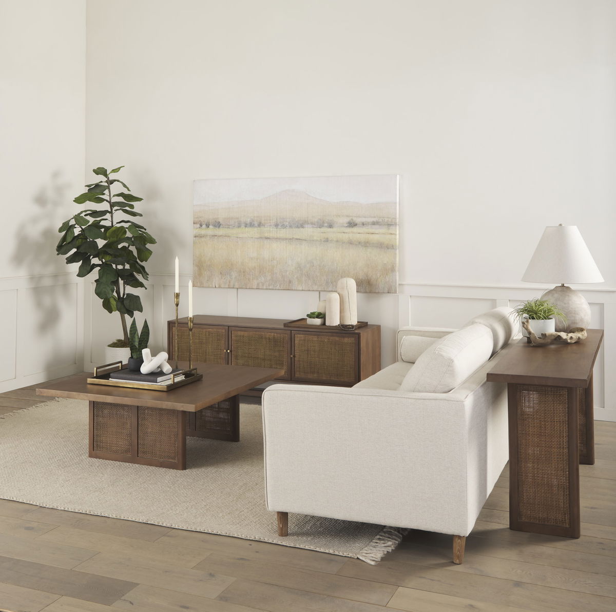Grier 65' Medium Brown Wood with Cane Media Console, by Mercana, 65" length x 18.75" width x 23" height View 3