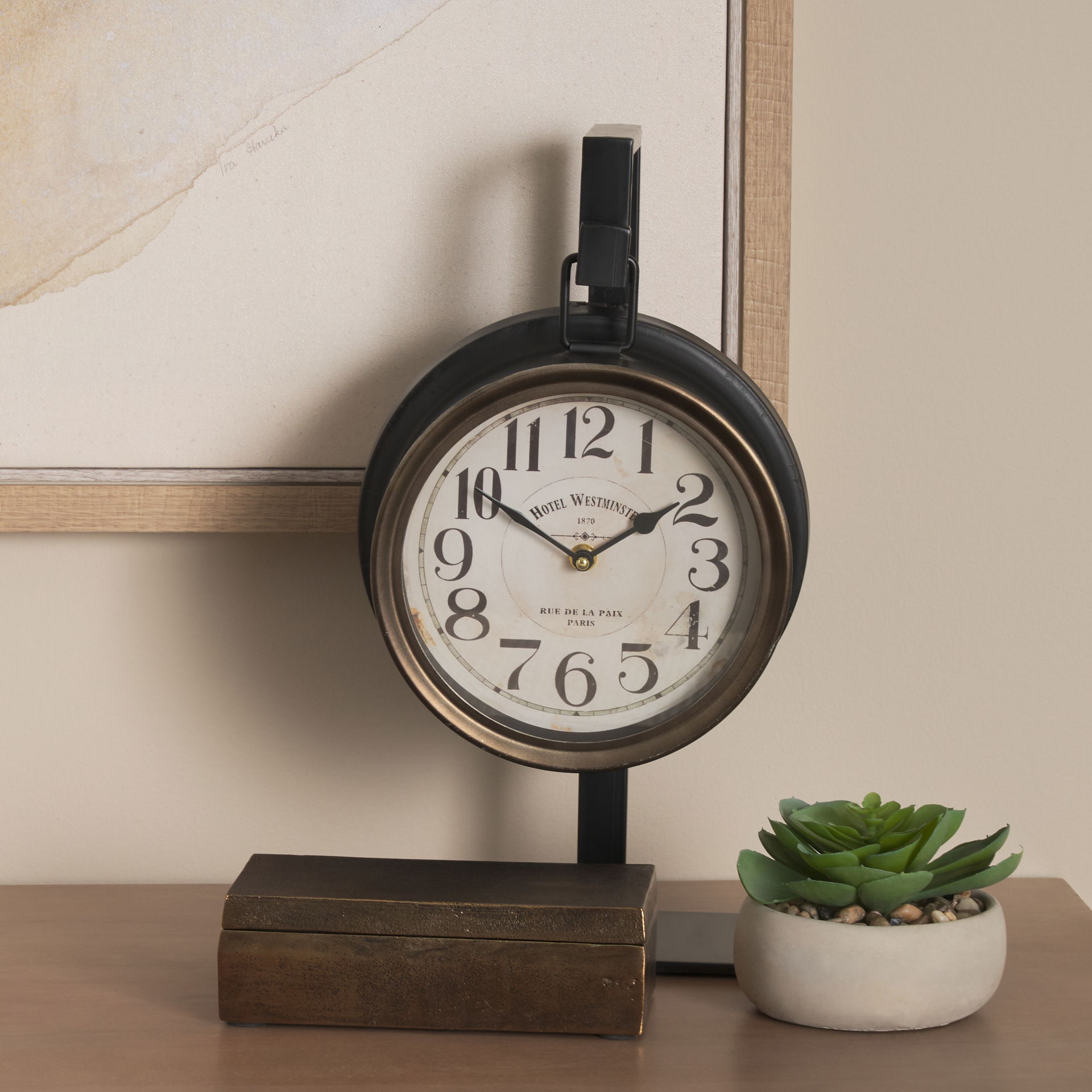 Taxz Metallic Brown Metal Hanging Table Clock, by Mercana, 9" length x 5" width x 16" height View 3