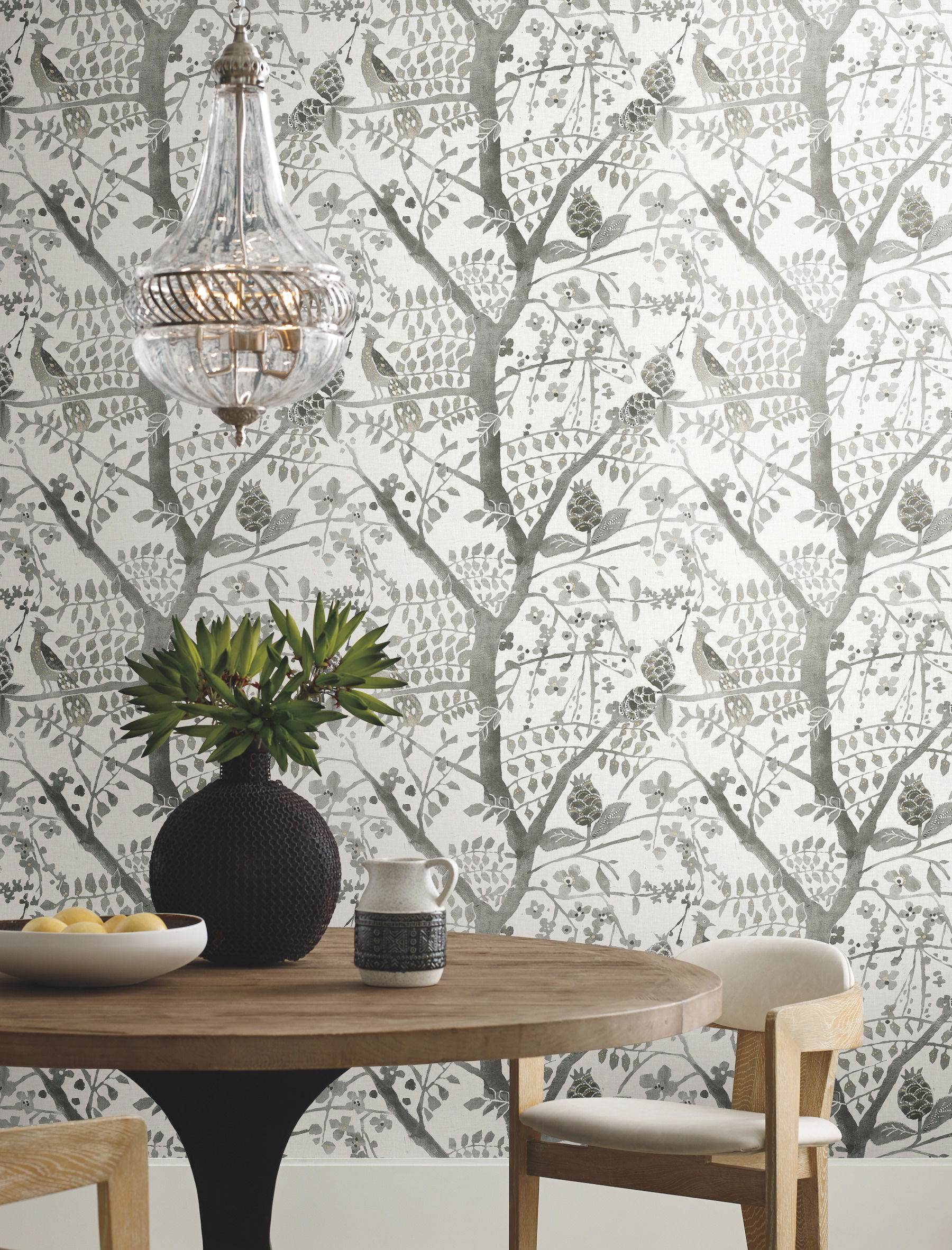 Peacock Block Print Grey Wallpaper large image 