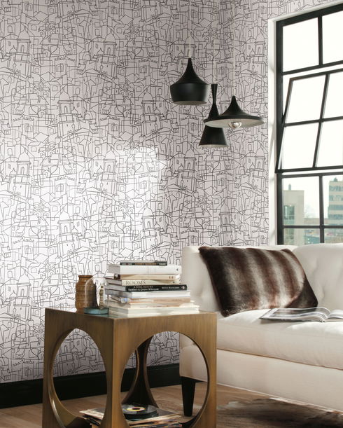 Cubist Cityscape Black Peel & Stick Wallpaper