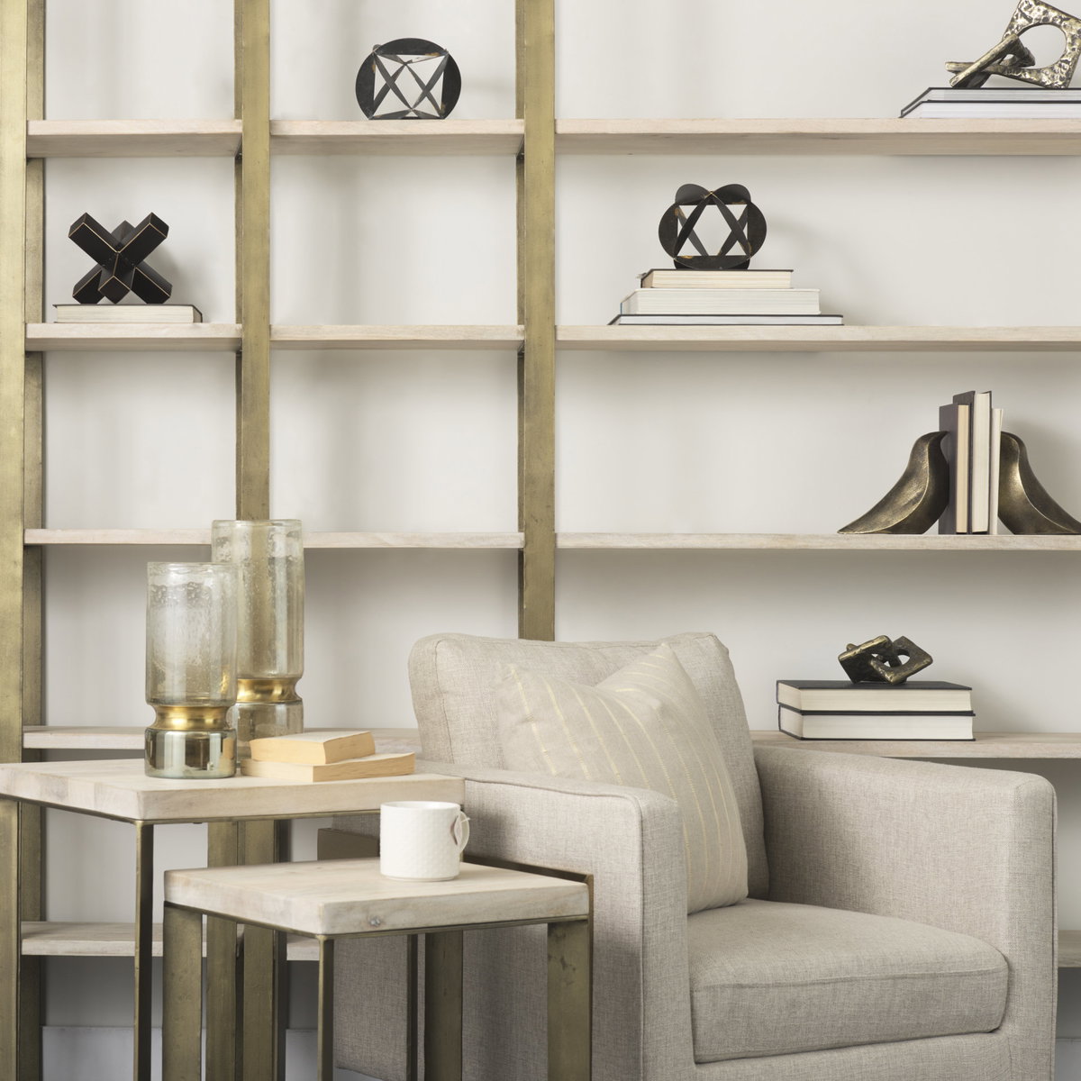 Taunton 80L x 10.5W x 90H Light Brown Wood with Gold Metal Frame 6 Tier Shelving Unit, Shelving & Bookcase by Mercana, 80" length x 10.5" width x 90" height View 4