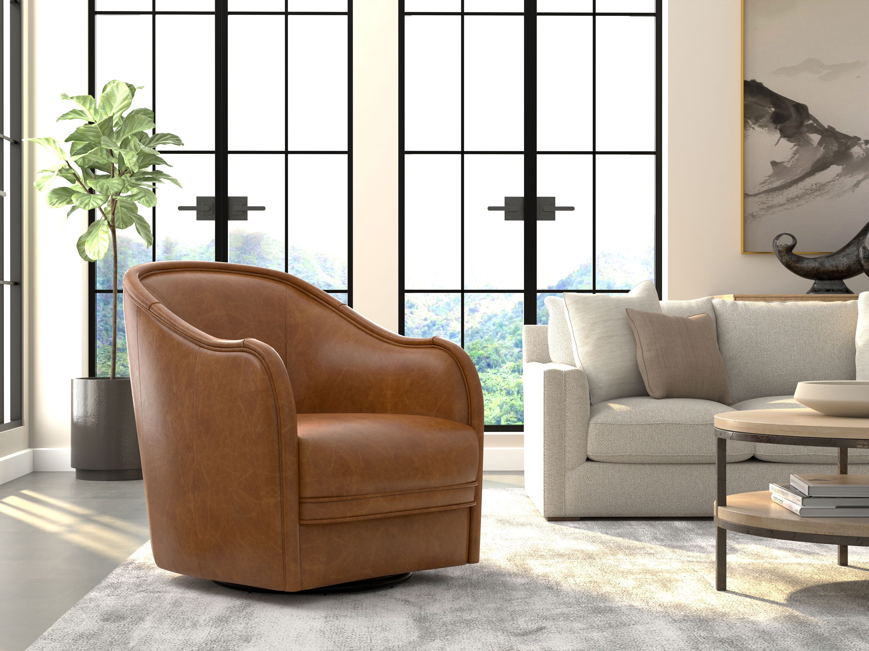 Braxton Leather Swivel Chair, Brown large image 