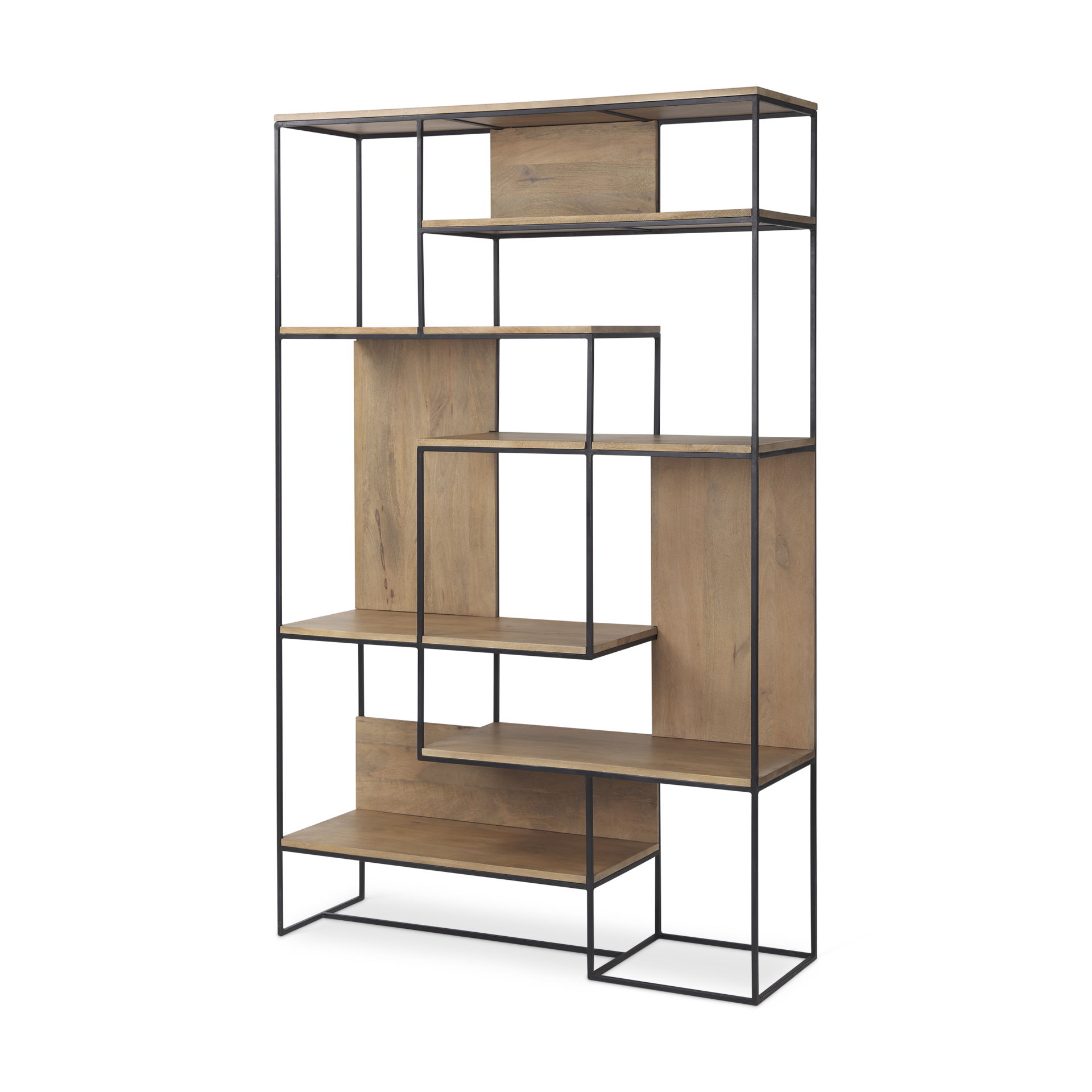 Morris 47.0L x 15.0W x 75.0H Light Brown Wood with Black Metal Frame 6-Tier Shelving Unit, Shelving & Bookcase by Mercana, 47.25" length x 15" width x 75.5" height View 1