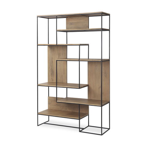 Morris 47.0L x 15.0W x 75.0H Light Brown Wood with Black Metal Frame 6-Tier Shelving Unit