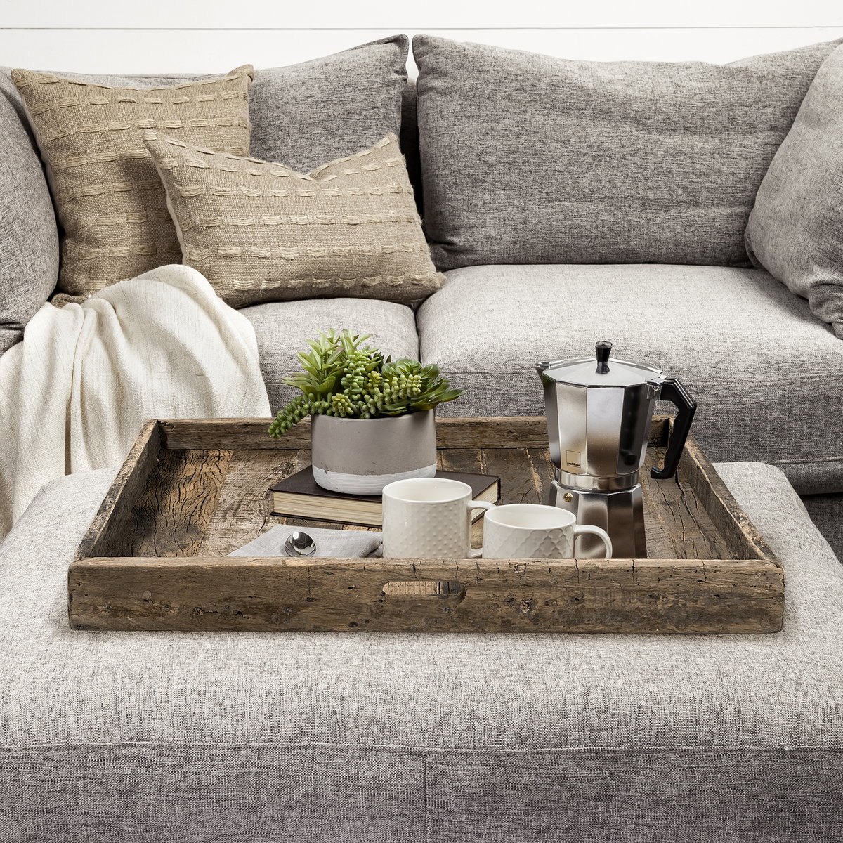Carson (Large) 30L x 30W Brown Reclaimed Wood Tray, Decorative Tray by Mercana, 30" length x 30" width x 3" height View 2