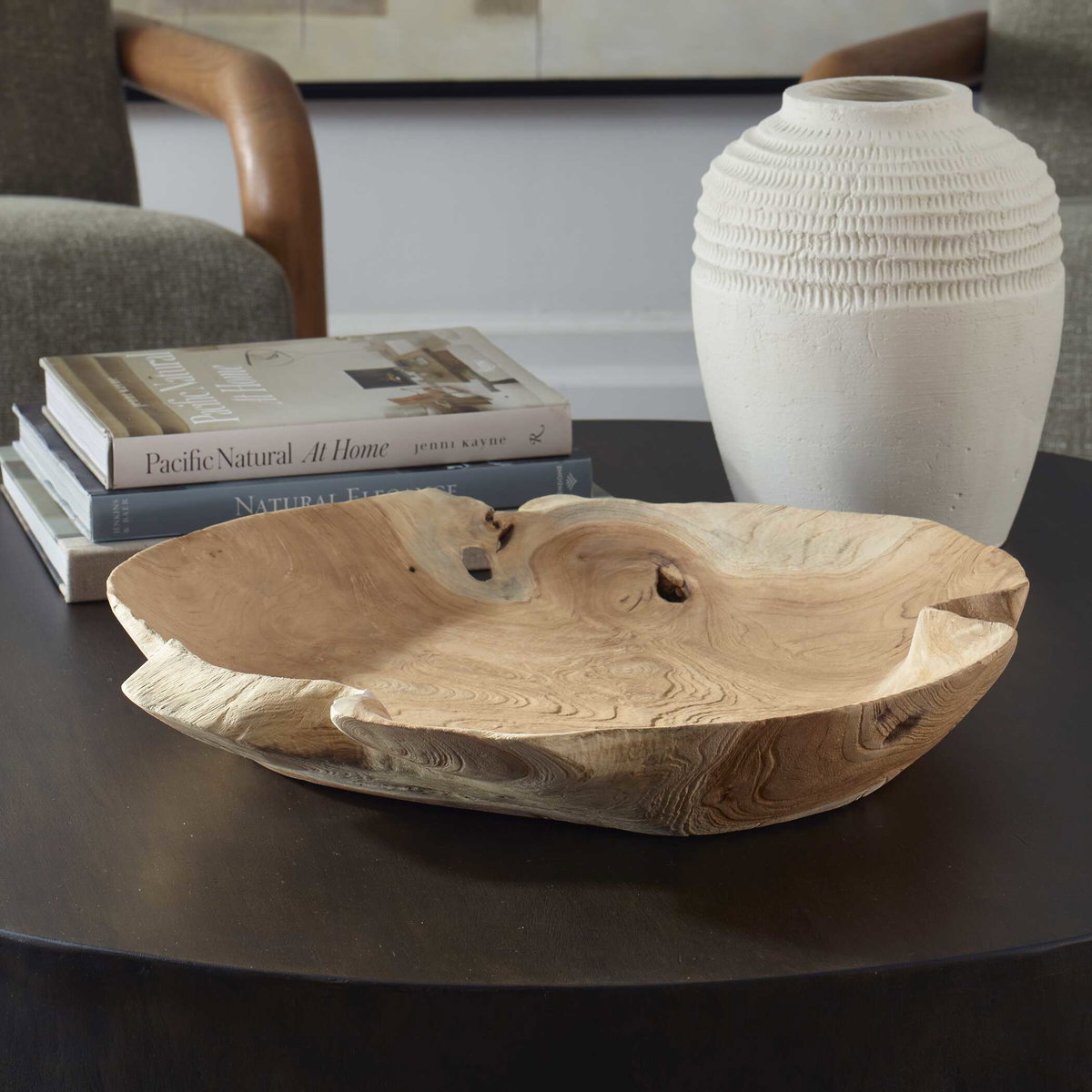 Organic Embrace Outdoor Teak Bowl, Decorative Tray by Uttermost, 19.7" width x 3.54" height x 19.7" depth View 6