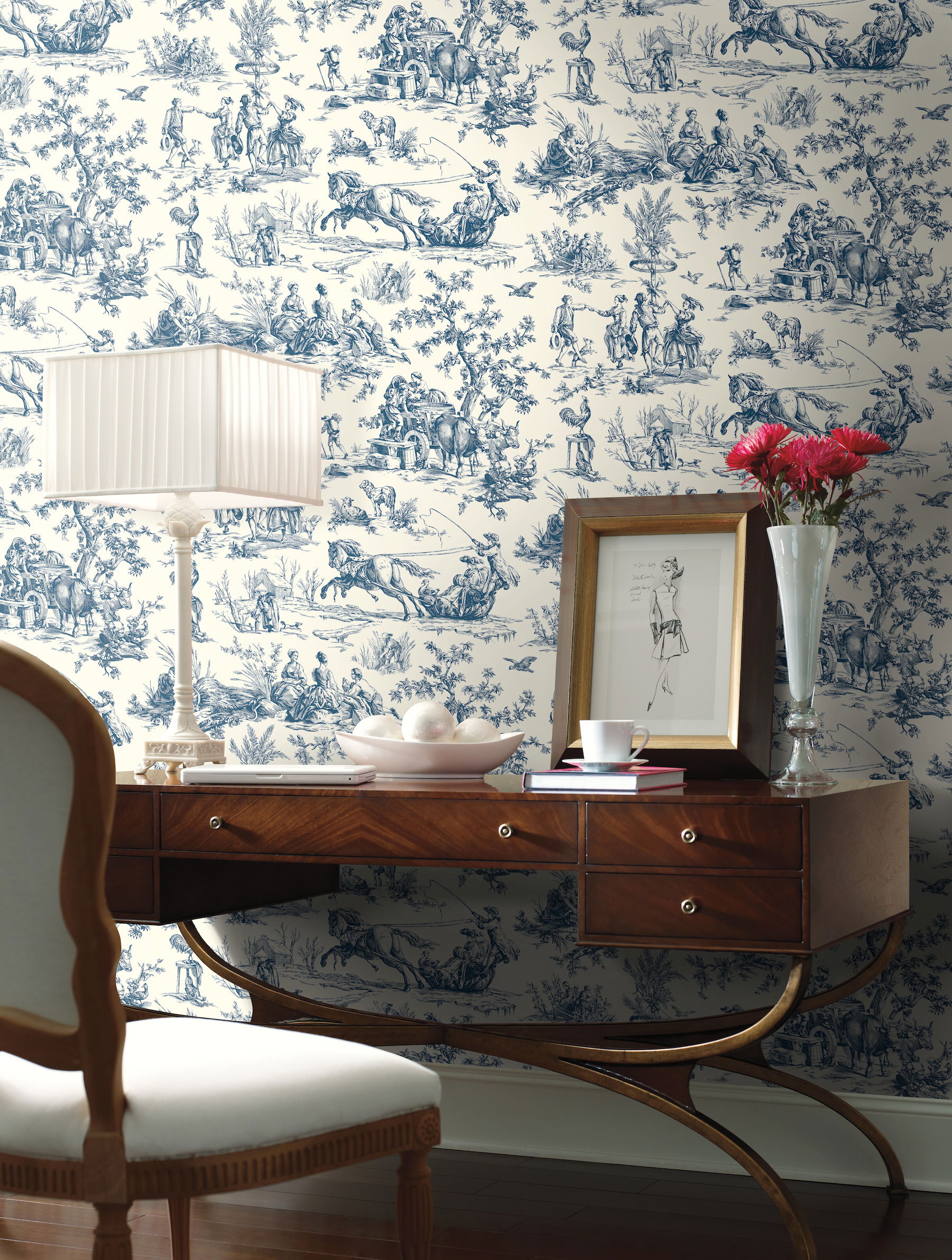 Seasons Toile Navy Wallpaper large image 
