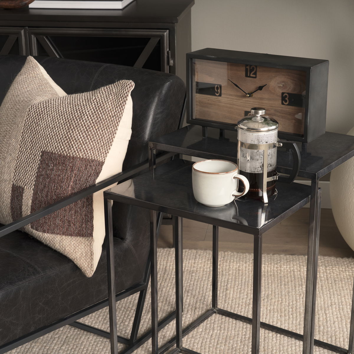 Harvey  Black Metal and Wood Rectangular Table Clock, by Mercana, 12.99" length x 4.53" width x 8.07" height View 4