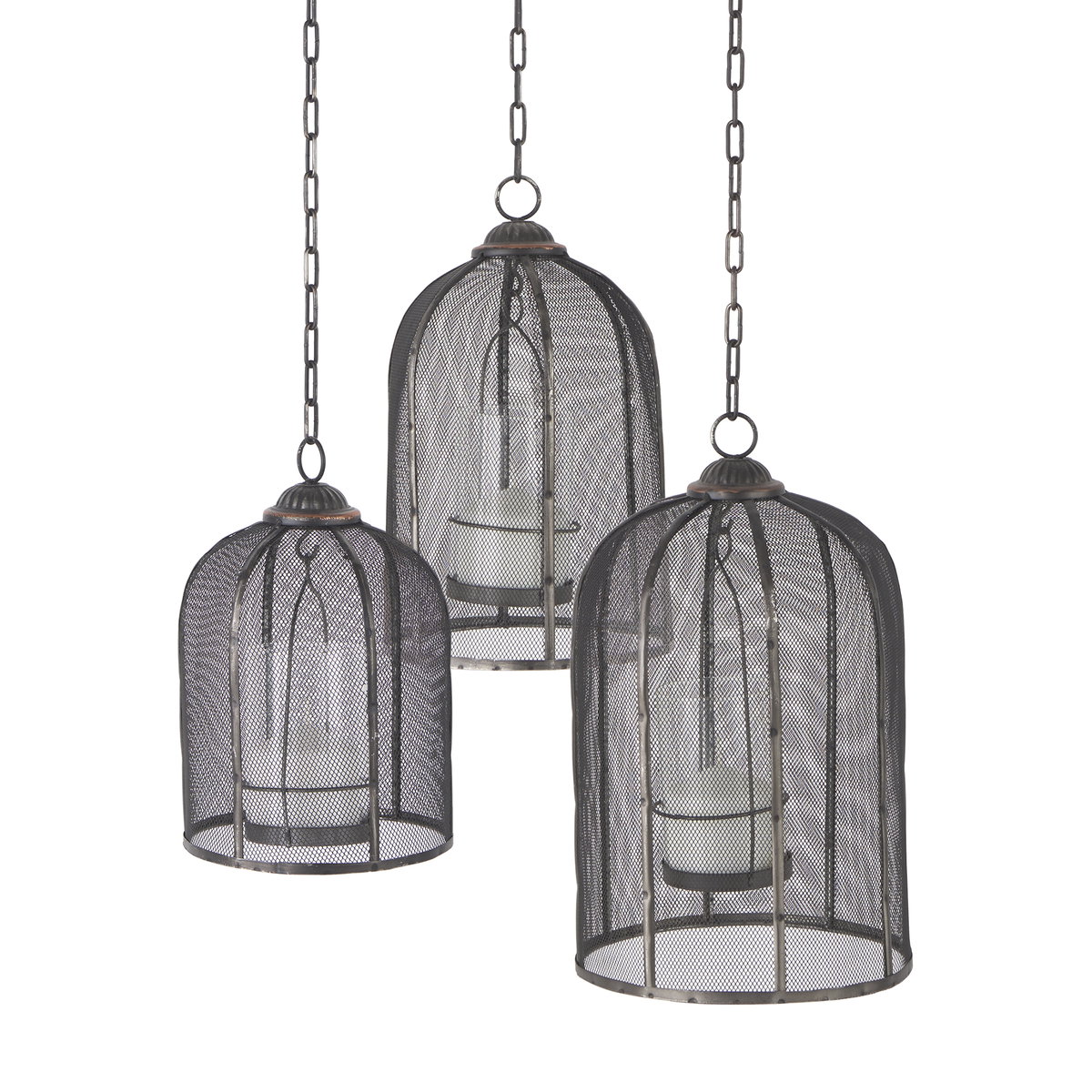 Jutland Set of Three Black Metal Bird Cage Candle Holder Lanterns, Lighting by Mercana, 8" length x 8" width x 43" height View 1