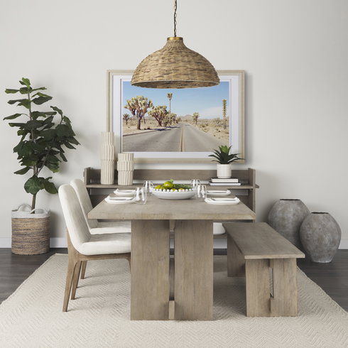 David Solid Back Dining Side Chair | Tuffed Cream Fabric with Brown Wood