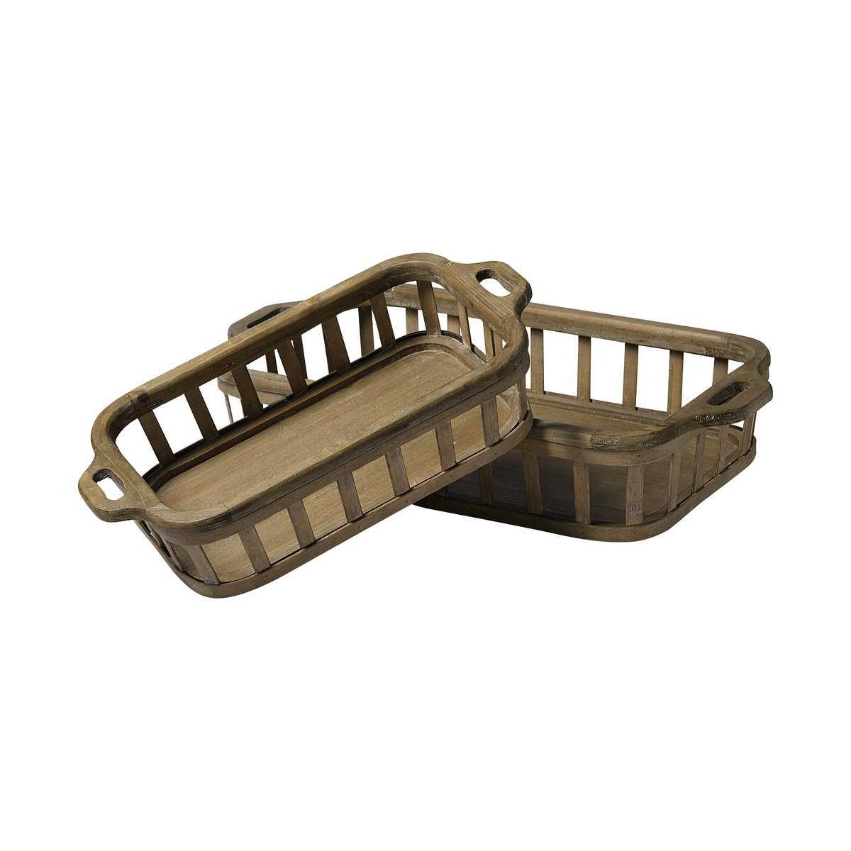 Louis Set of 2 Natural Wood Slated Nesting Trays, Decorative Tray by Mercana, 27.56" length x 13.98" width x 4.92" height View 1
