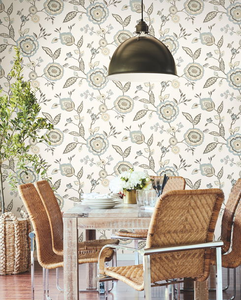 Dahlia Blooms Off White & Blue Wallpaper