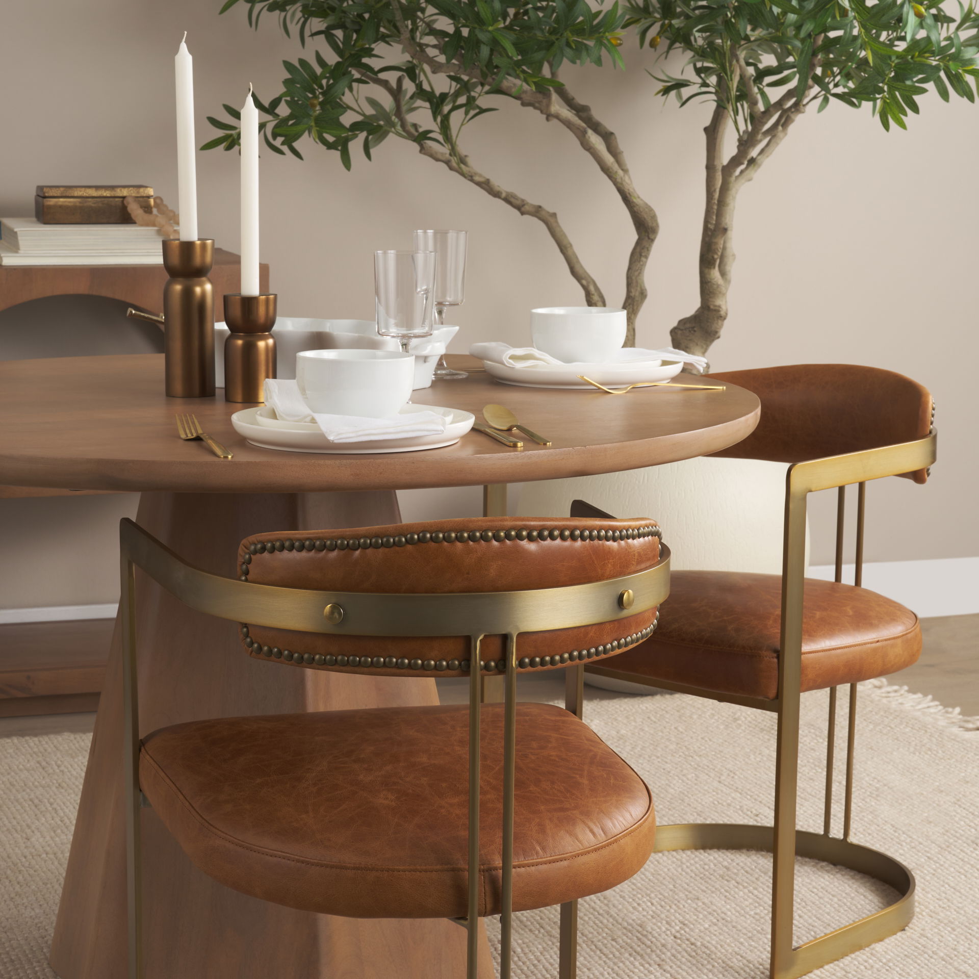 Hollyfield I Brown Leather Seat Gold Iron Frame Dining Chair, by Mercana, 20.5" length x 21.5" width x 29.5" height View 5