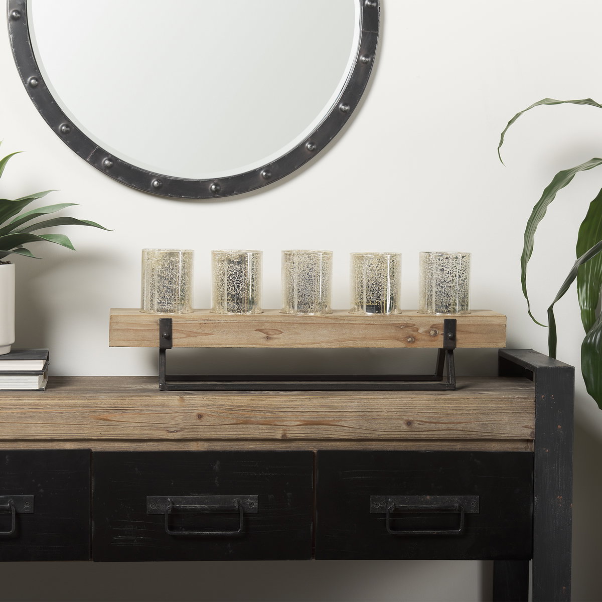 Benk Wood and Black Metal Five Cup Candle Holder, Candles & Candle Holder by Mercana, 27" length x 13.78" width x 7.09" height View 4