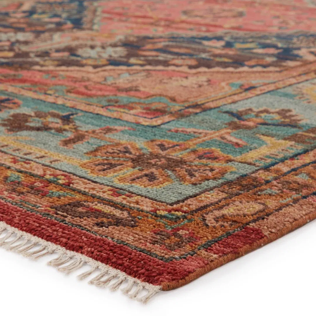 Jaipur Living Afri JIN03 Handknotted Medallion Pink and Teal Runner Rug (3'x10') large image 