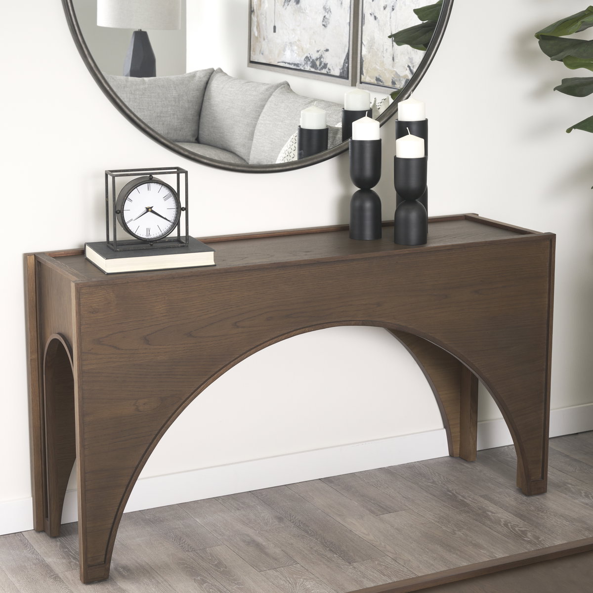 Laraya Dark Brown Wood Arched Console Table, by Mercana, 55" length x 16" width x 30" height View 3