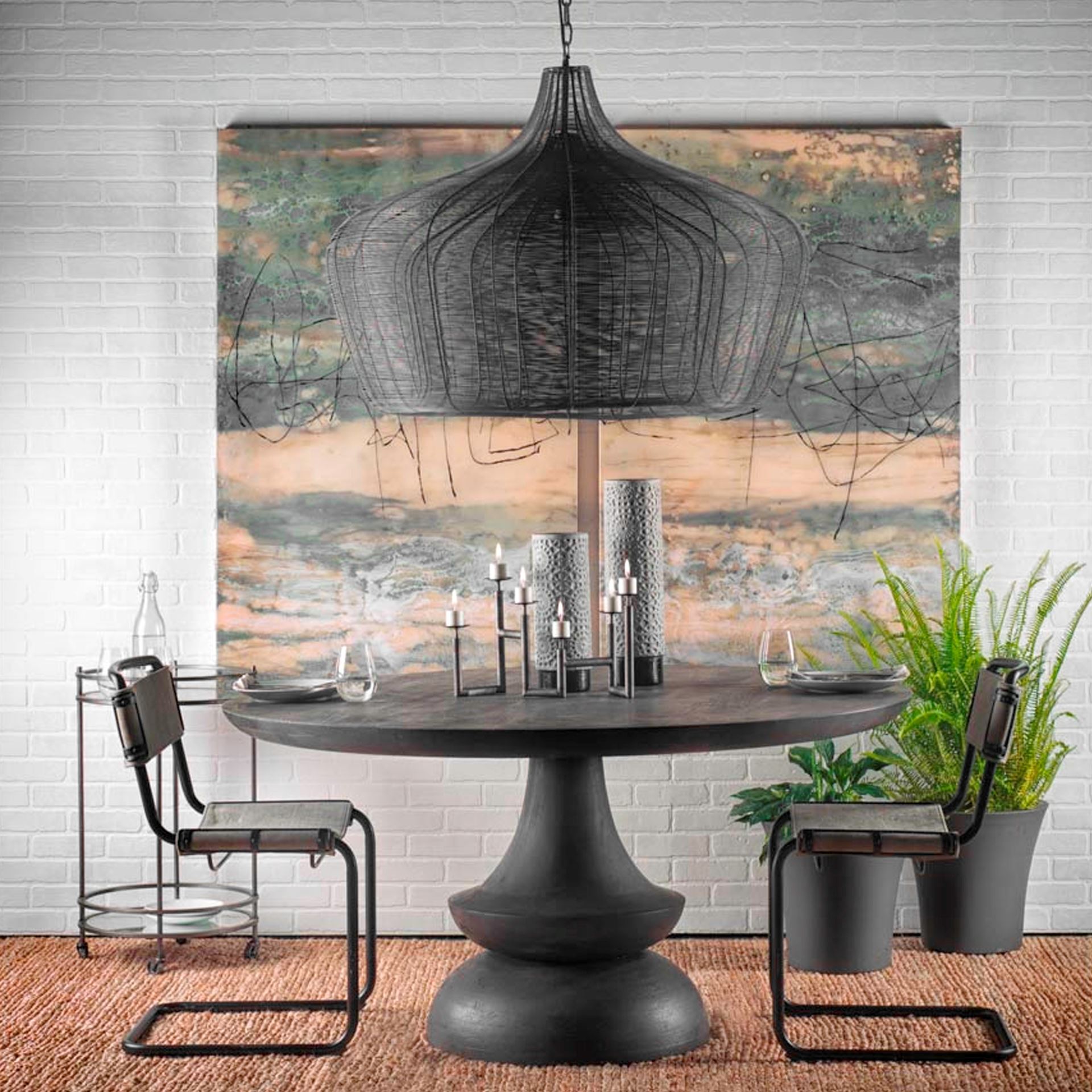 Camila (40'x31') Black Metal Mesh-Style Four Bulb Chandelier, by Mercana, 40" length x 40" width x 31" height View 2