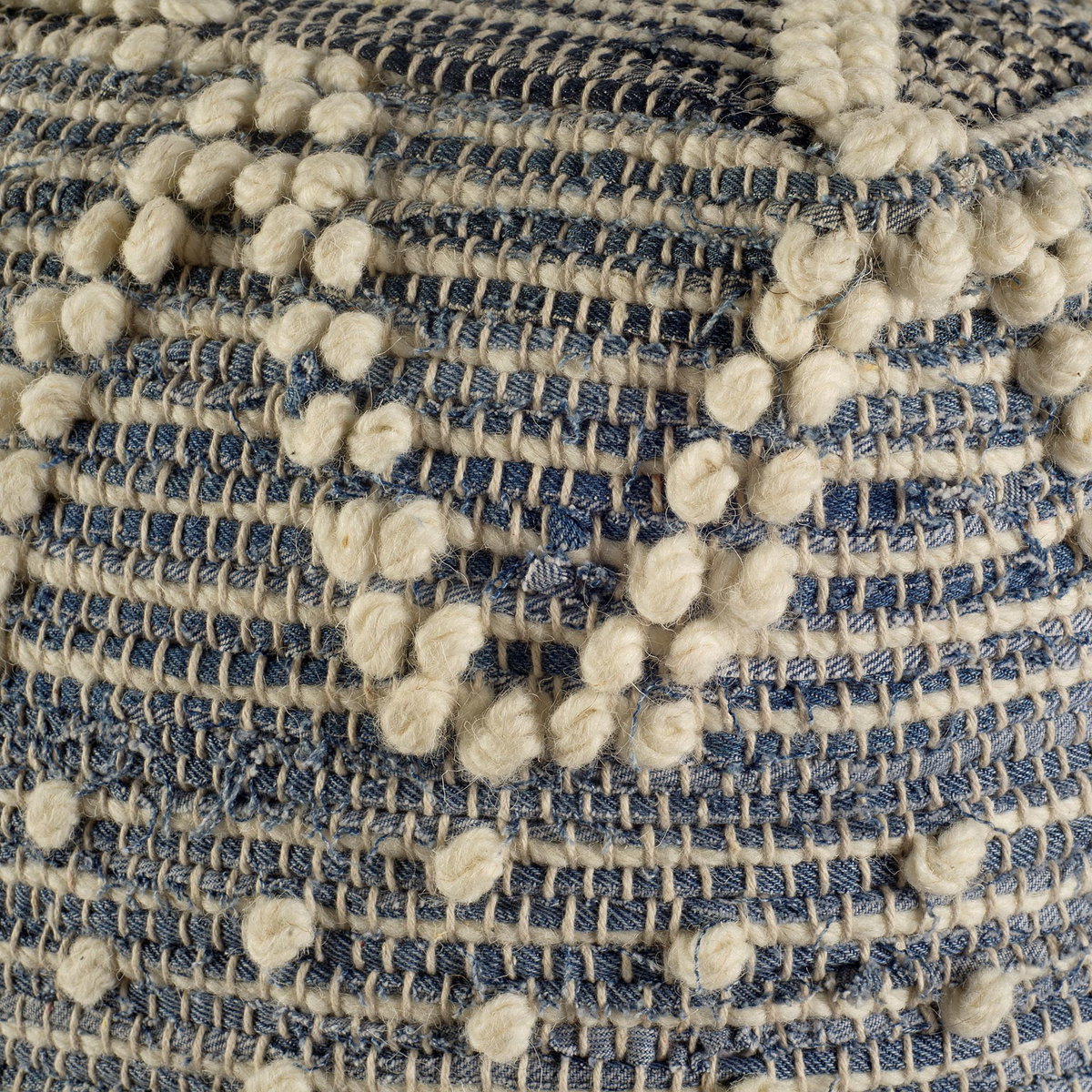 Rofi Blue Denim and Cream Cotton Stitched Square Pouf, Ottoman by Mercana, 17.72" length x 17.72" width x 17.72" height View 5