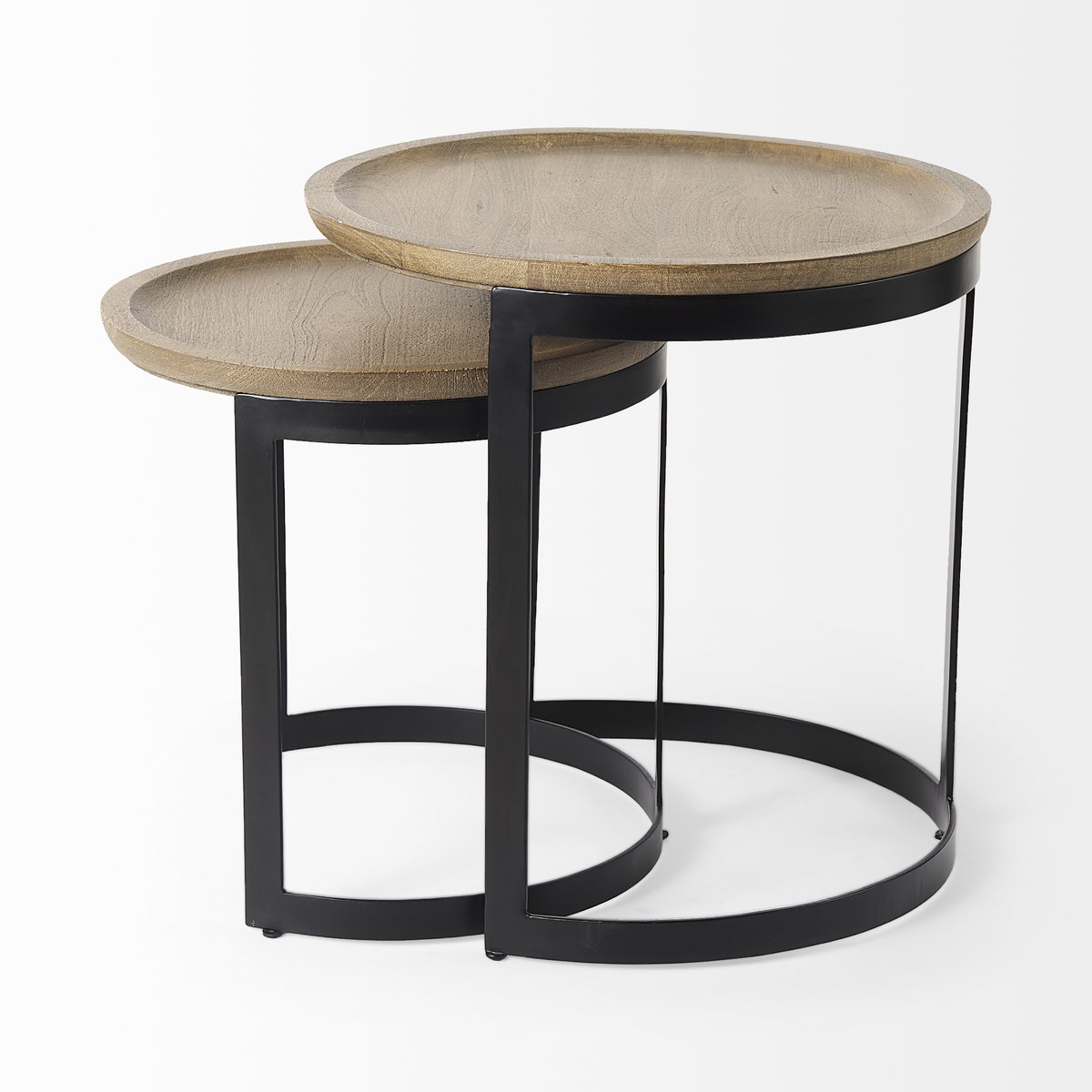 Aisley (Set of 2) 19.3L x 19.3W x 19H Light Brown Wood with Black Metal Base Round Nesting Side Tables, Side & End Table by Mercana, 19" length x 19" width x 19.25" height View 3