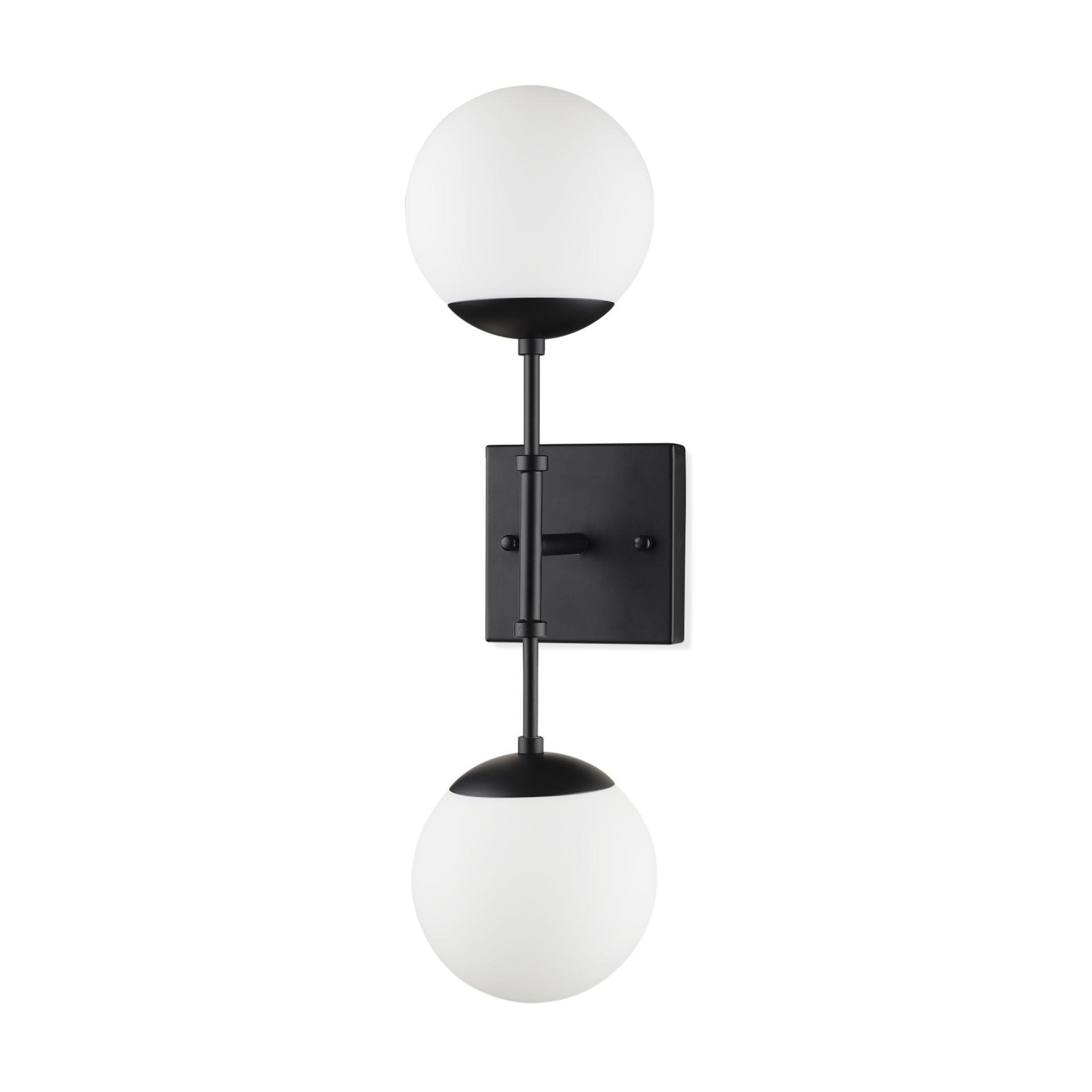 Edie Matte Black Metal with Frosted Glass Globes 2-Light Wall Sconce, by Mercana, 22" length x 7.5" width x 6" height View 1