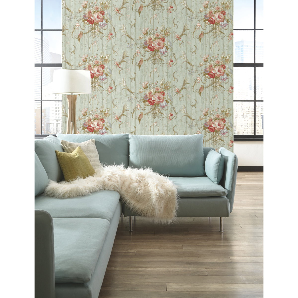 Parrots with Floral Bouquets Blue Wallpaper, by York Wall, 27' length x 2'3" width x 0.02" depth View 4