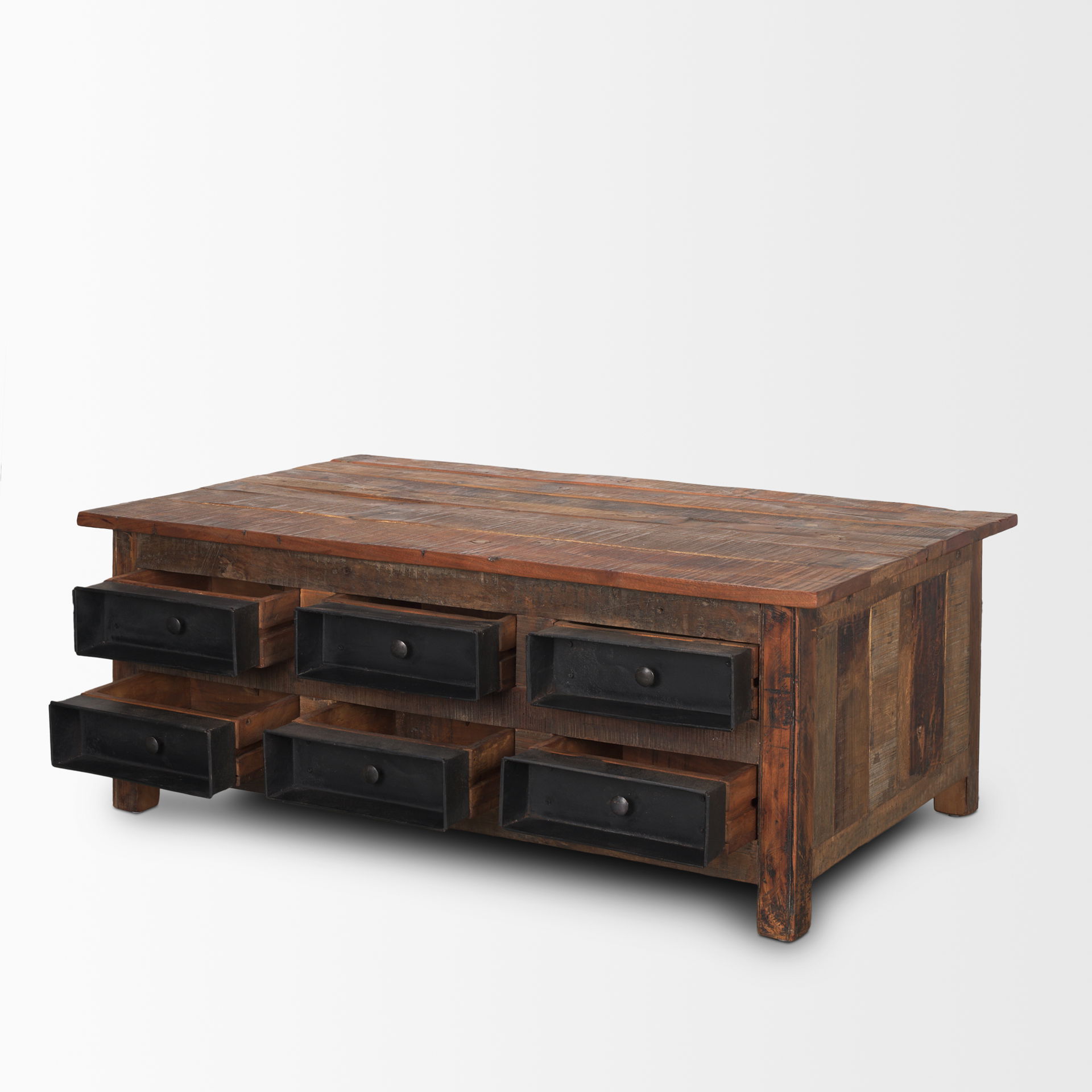 Wilton Brown Wood with 12 Black Metal Drawers Coffee Table, by Mercana, 48" length x 28" width x 18" height View 9