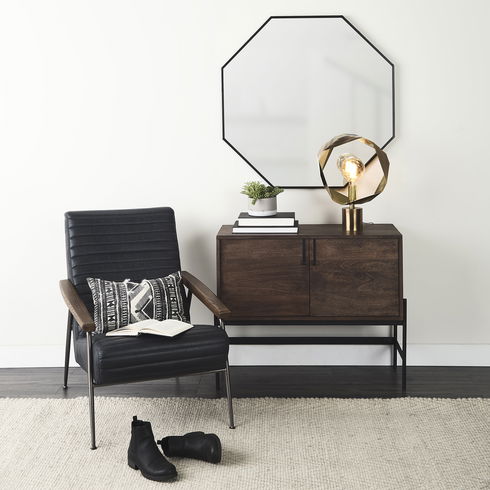 Glenn 38L x 16W x 30H Dark Brown Wood with Black Iron Frame, 2 Door Accent Cabinet