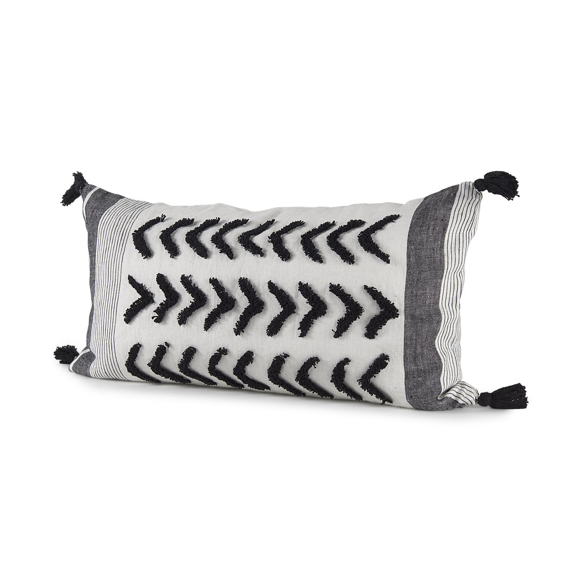 Kimia 14x26 White and Black Fabric Herringbone and Fringed Decorative Pillow Cover, by Mercana, 14" length x 26" width x 0.2" height View 1