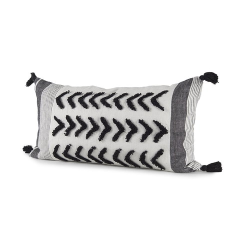 Kimia 14x26 White/Black Fabric Herringbone with Fringed Pillow Cover