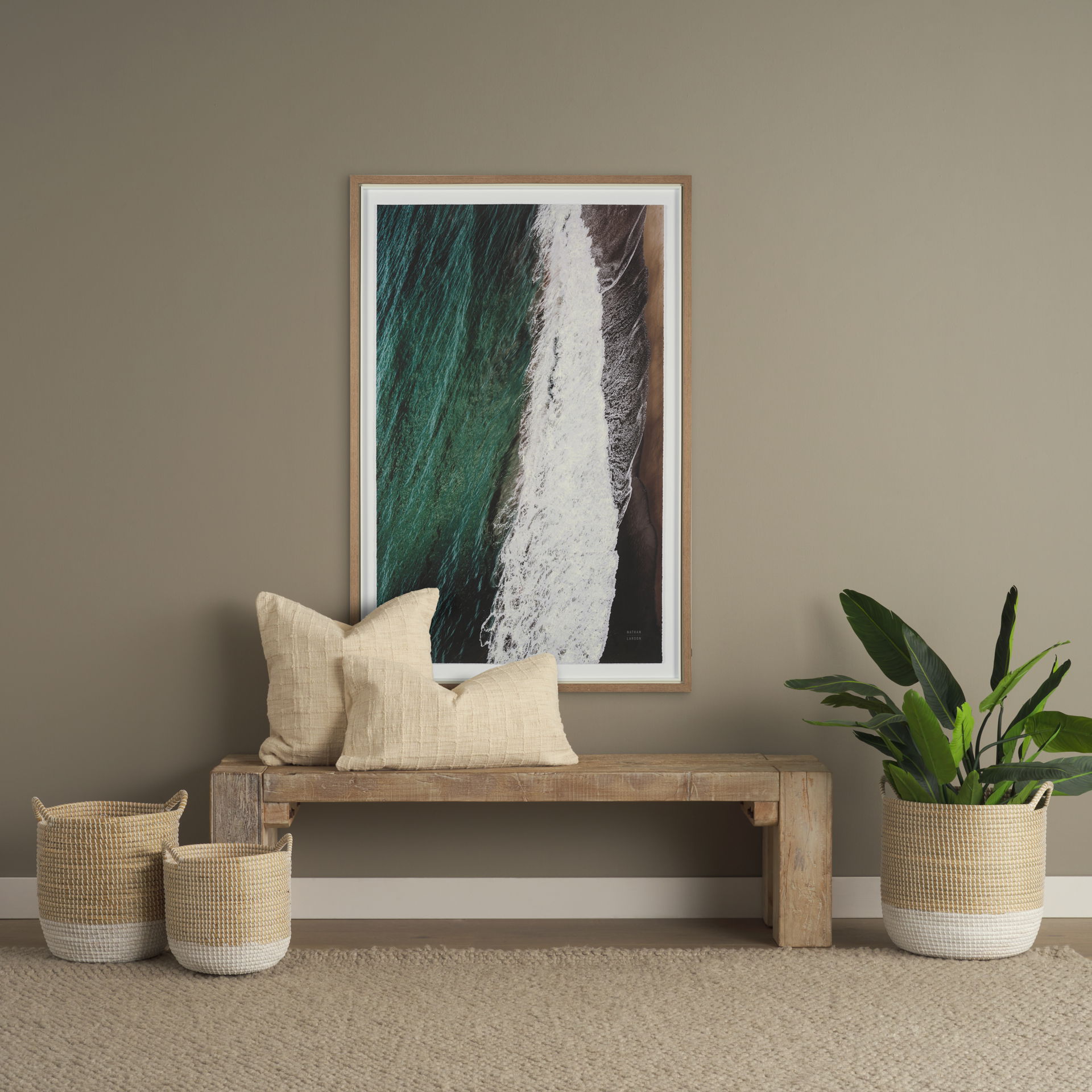 Maddie 13.8L x 13.8W X 15.0H (Set of 3) Light Brown with White Dipped Seagrass Round Basket  with Handles, Bins & Basket by Mercana, 15.75" length x 15.75" width x 17.32" height View 2