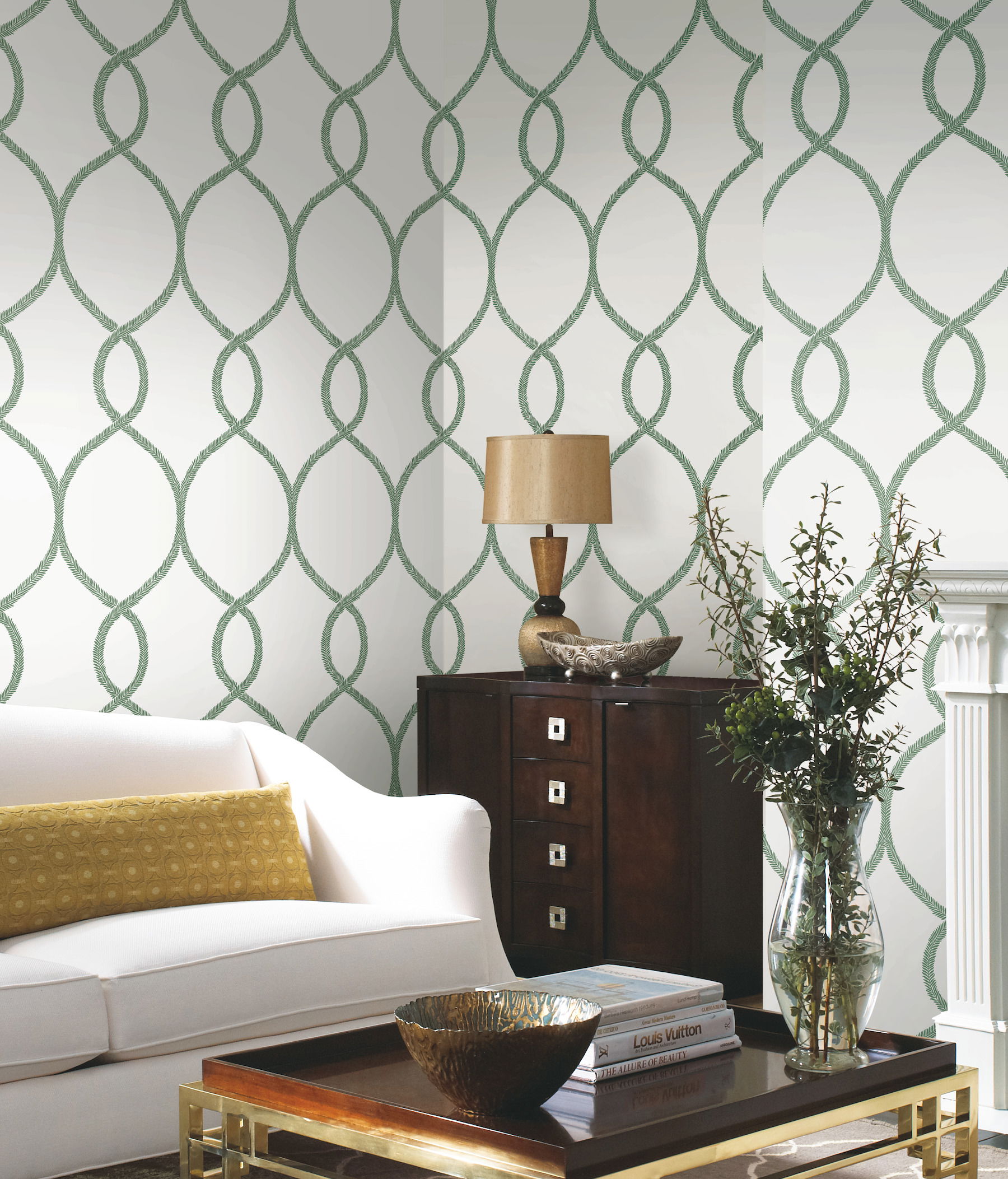 Laurel Leaf Ogee Green Wallpaper large image 