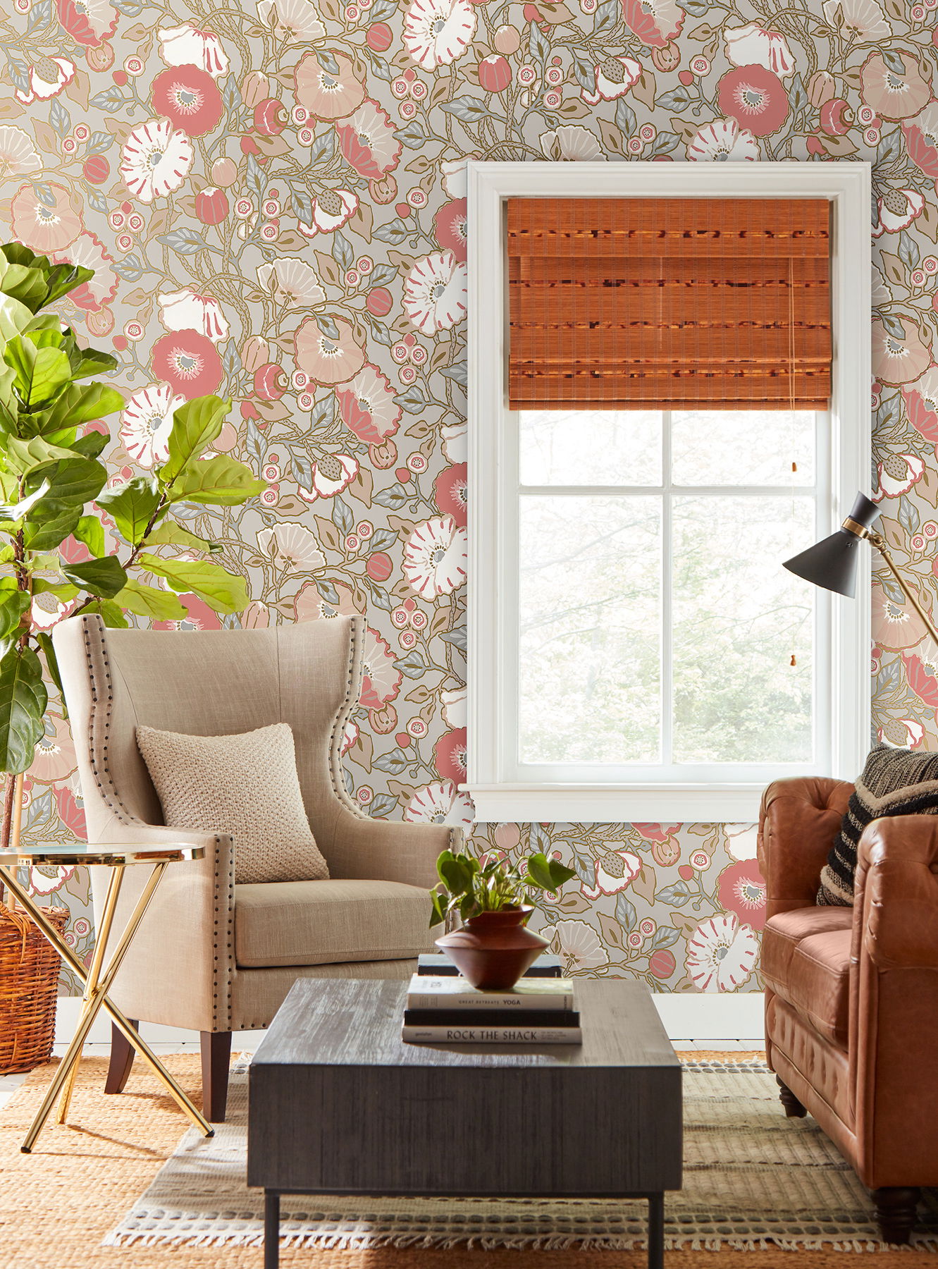 Poppies Grey & Pink Metallic Wallpaper large image 