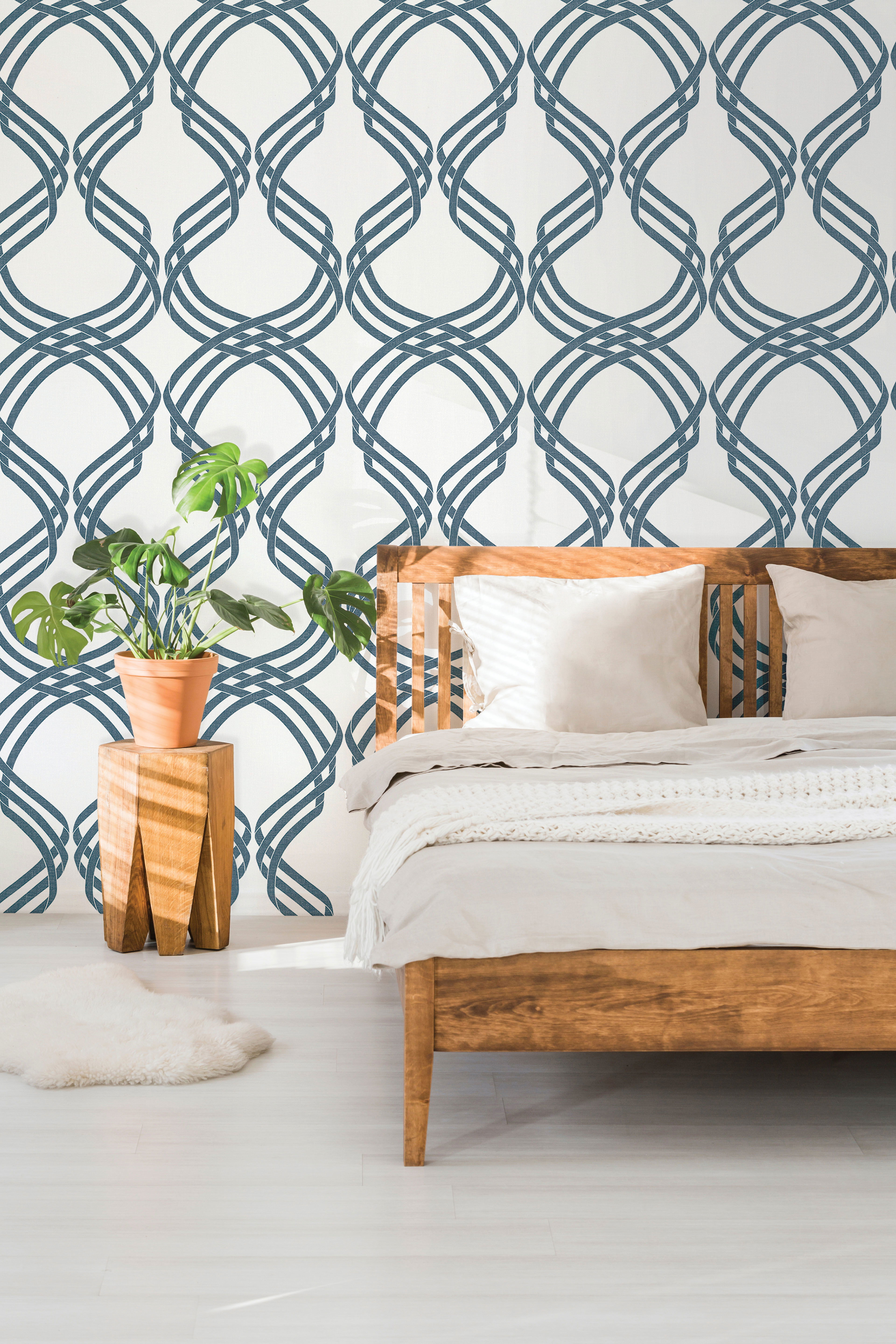 White & Navy Dante Ribbon Wallpaper large image 