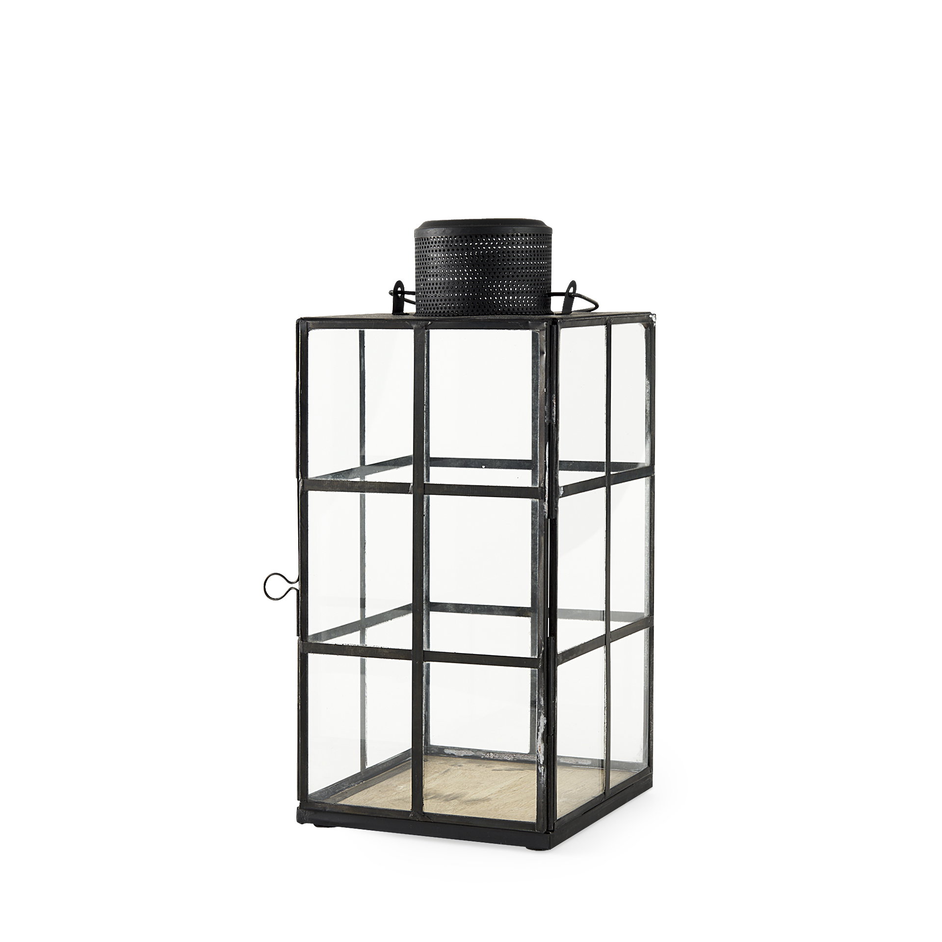 Gamfield  Medium Black Metal and Glass Lantern, Lighting by Mercana, 6.1" length x 6.1" width x 13.39" height View 1